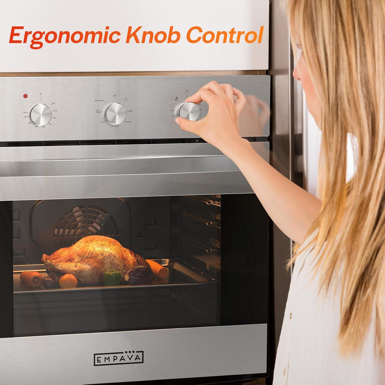 Empava 24 inch Electric Single Wall Oven with 6 Cooking Modes, Convection Fan, Mechanical Knob Control, 2.3 Cu.ft. Capacity, 2800W