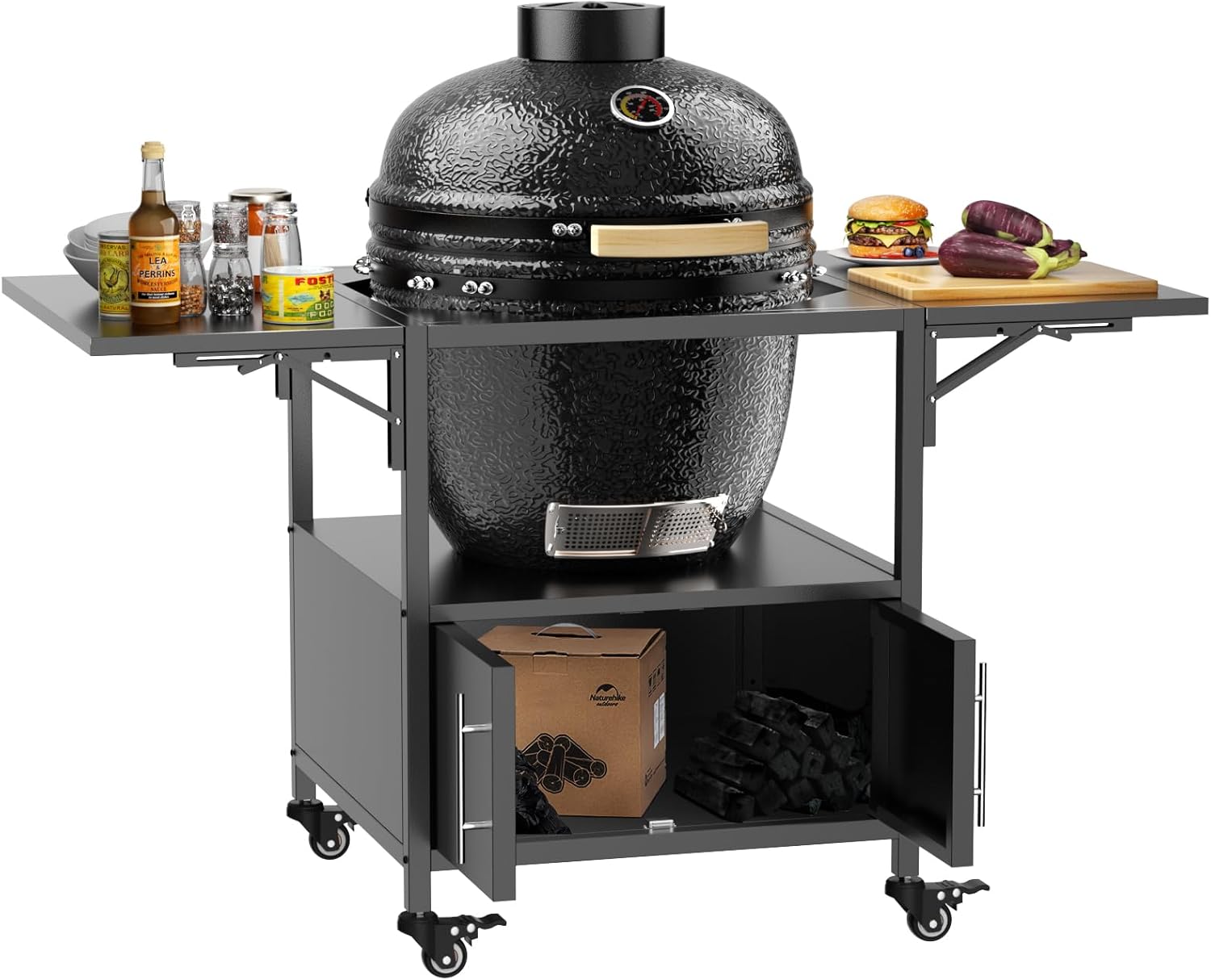 Outdoor Grill Table for Big Green Egg Style BBQ, Metal Grill Cart with 2 Folding Panels, Compatible with up to Large Green Egg, Kamado Joe Jr