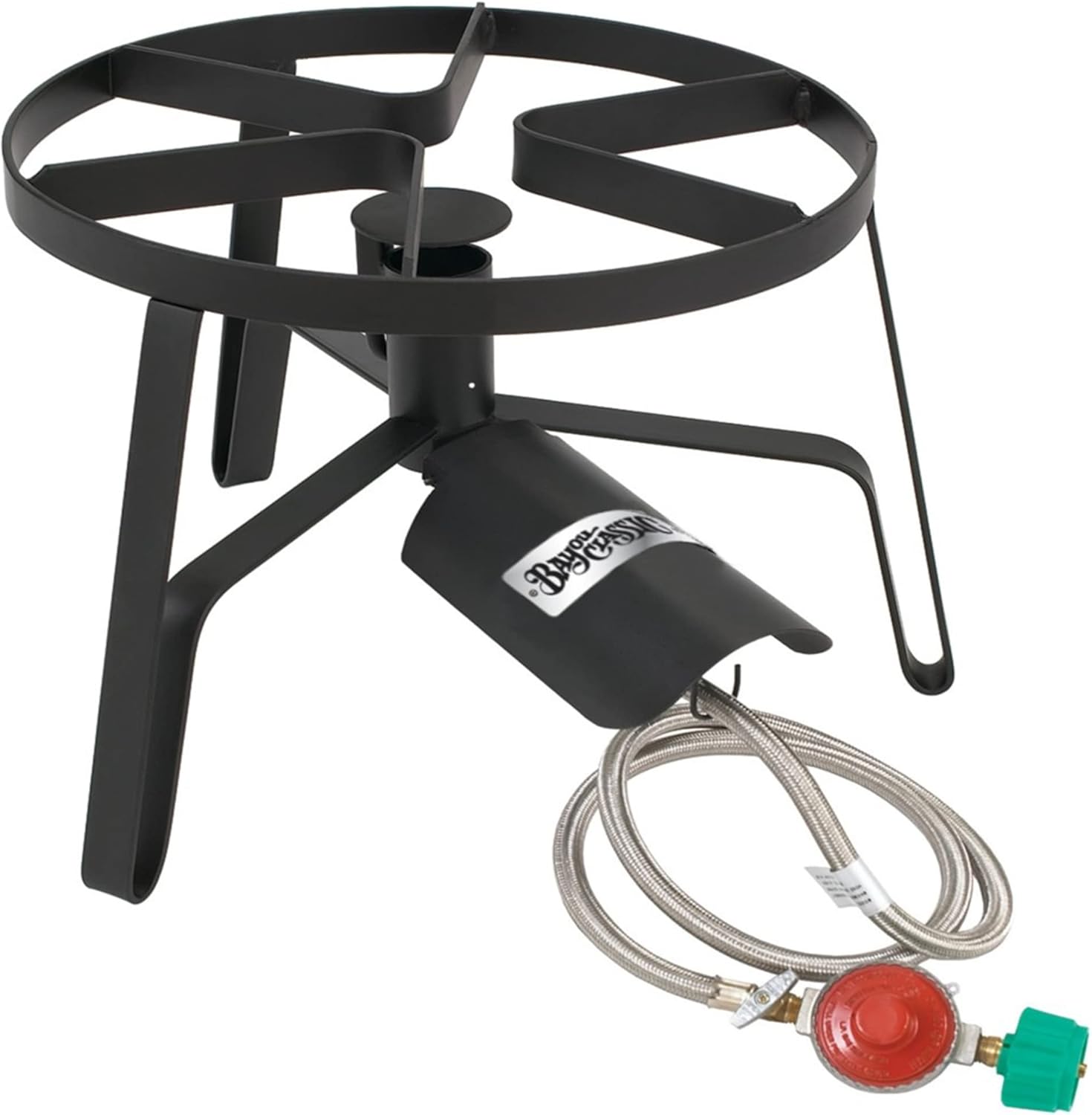 Bayou Classic SP1 14-in Single Jet Cooker 14-in Cooking Surface 11.5-in Tall Frame 10-psi Adjustable Regulator w/ 48-in Stainless Braided Hose 4-in Cast Aluminum Burner