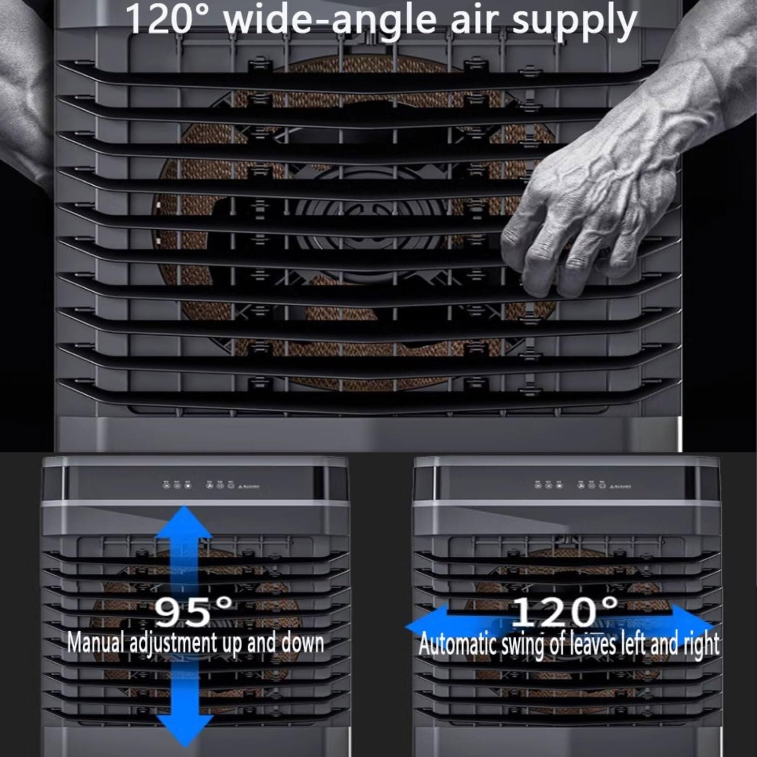 Portable Air Conditioner with 120° Oscillating Fan, 3 Speeds, 12-Hour Timer, Large Water Tank, No Hose Needed for Room/Office Cooling (120-150㎡)(67CM)