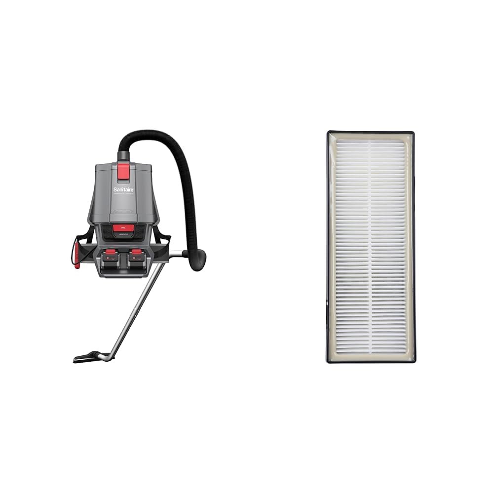 Bundle of Sanitaire Transport Commercial Cordless Backpack Vacuum with Adjustable Wand, Dual 24V Batteries, Handheld Controls, SC580A. + Sanitaire Transport Filter 4 Pack