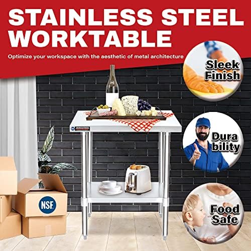 DuraSteel 24x30 Stainless Steel Work Table - NSF Commercial Prep Metal Table - Outdoor Pizza Oven Stand w/Under Shelf - Kitchen Island Laundry Utility Garage Microwave Stand Large Rolling Storage Cart
