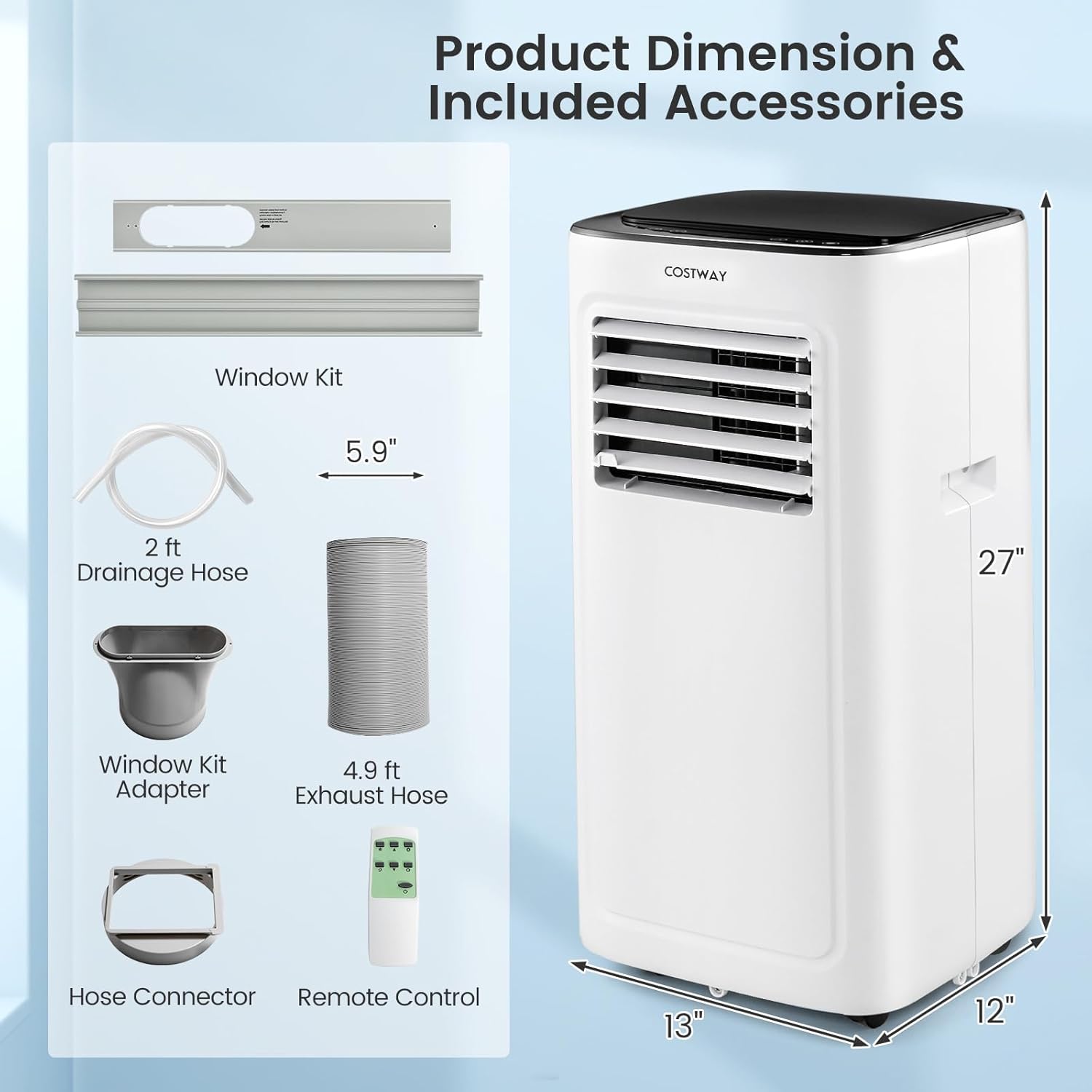 COSTWAY Portable Air Conditioner, 9000 BTU Portable AC with Built-in Dehumidifier, 24H Timer, Smart Sleep Mode, LED Touch Panel for Cooling Rooms up to 280 Sq.Ft, Remote Control & Window Kit Included