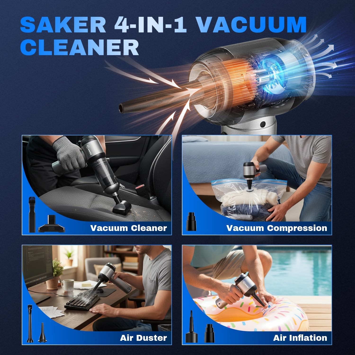 Saker Car Vacuum Cleaner HL157 4-in-1 Cordless Handheld Vacuum with 20000Pa Suction & LED Light + Original HEPA & Steel Filter Set (4PCS), Portable for Car, Home, Office, Pet Silver
