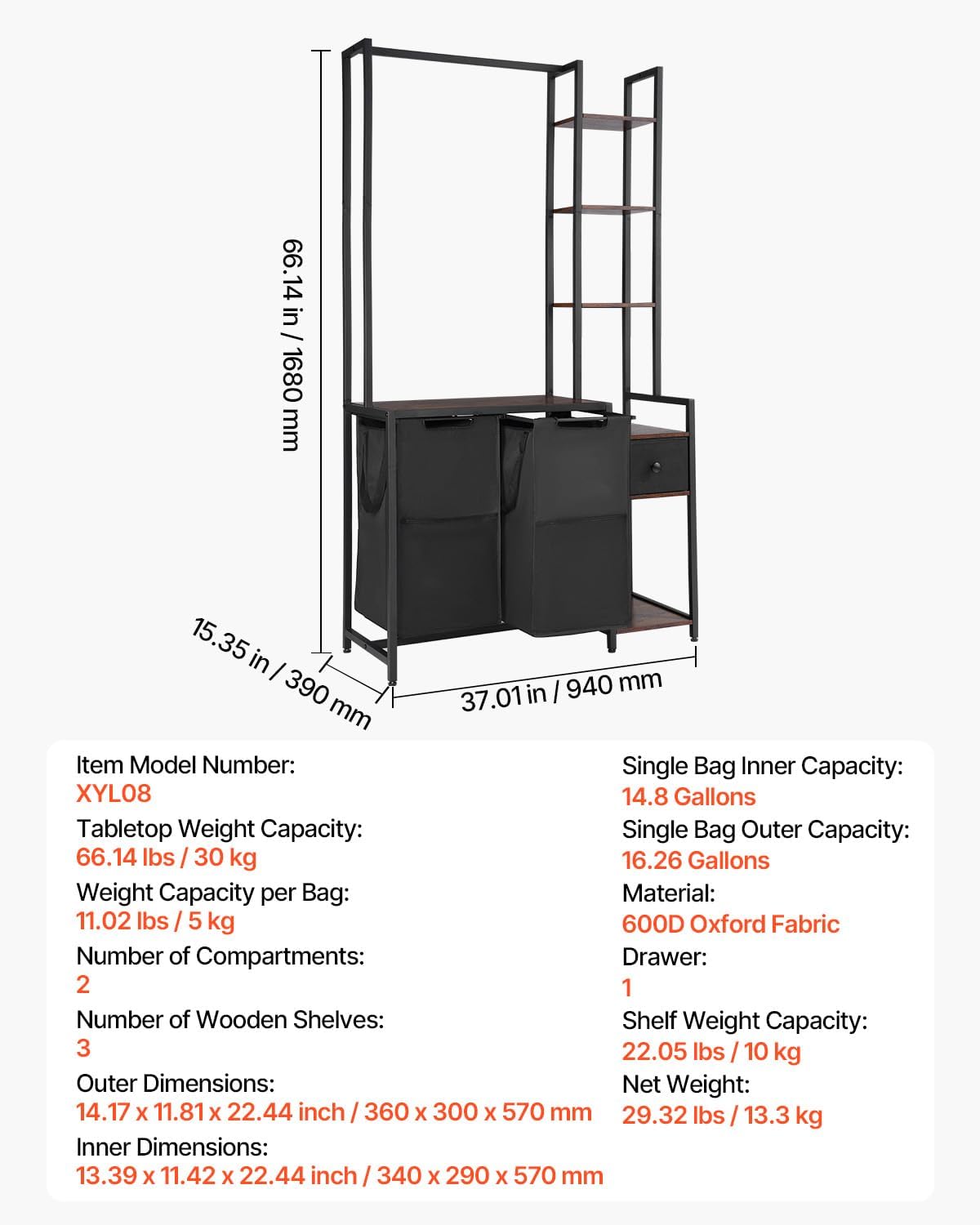 VEVOR 6 Tiers Laundry Sorter with Rack, Tall Laundry Hamper with Shelves and Drawers, 2 Section Freestanding Hanging Rack Storage with 600D Oxford Cloth Bags and Ladder Shelves for Dirty Clothes