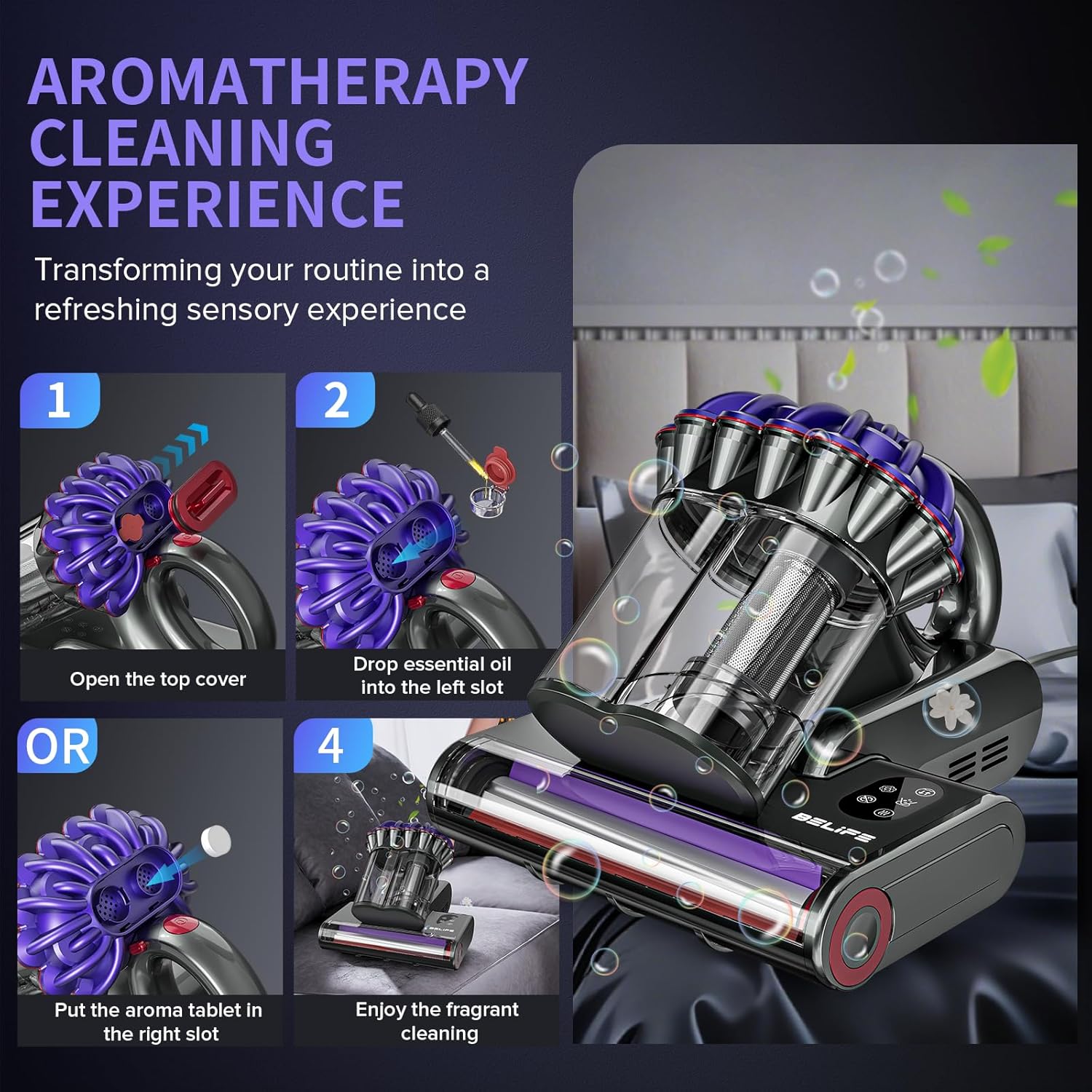 Belife M8 Mattress Vacuum Cleaner, Anti-allergen Bed Vacuum Cleaner with UV & Hot Air & High Heating, 550W 18Kpa Powerful Suction Double-Cup Handheld Vacuum for Bed, Couch, Sofa, Corded (Black)