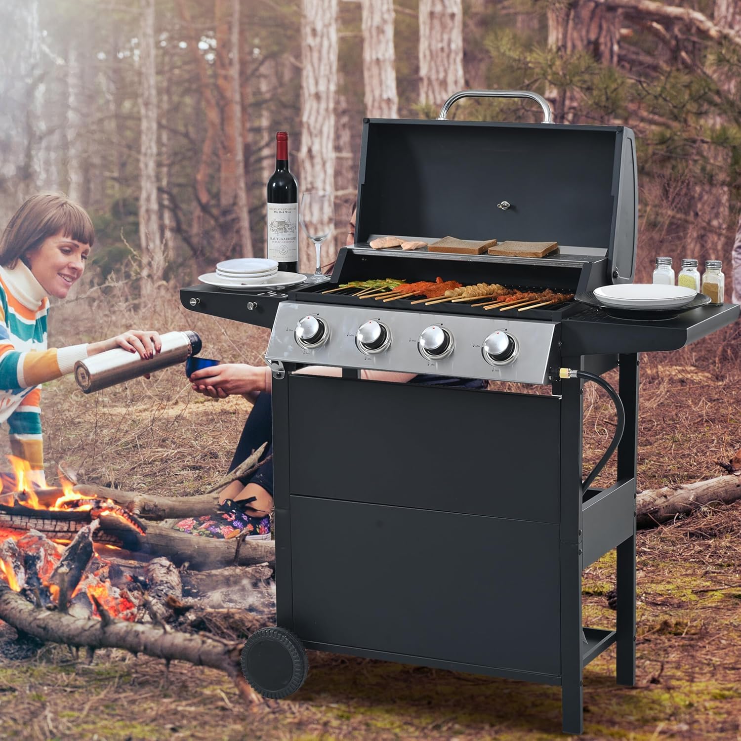 4-Burner Stainless Steel Propane Gas Grill - 34,000 BTU Output, with Two Shelves, Lid, Wheels, Bottle Opener & Porcelain-Enamel Cooking Grates, Perfect for Patio & Garden Barbecues