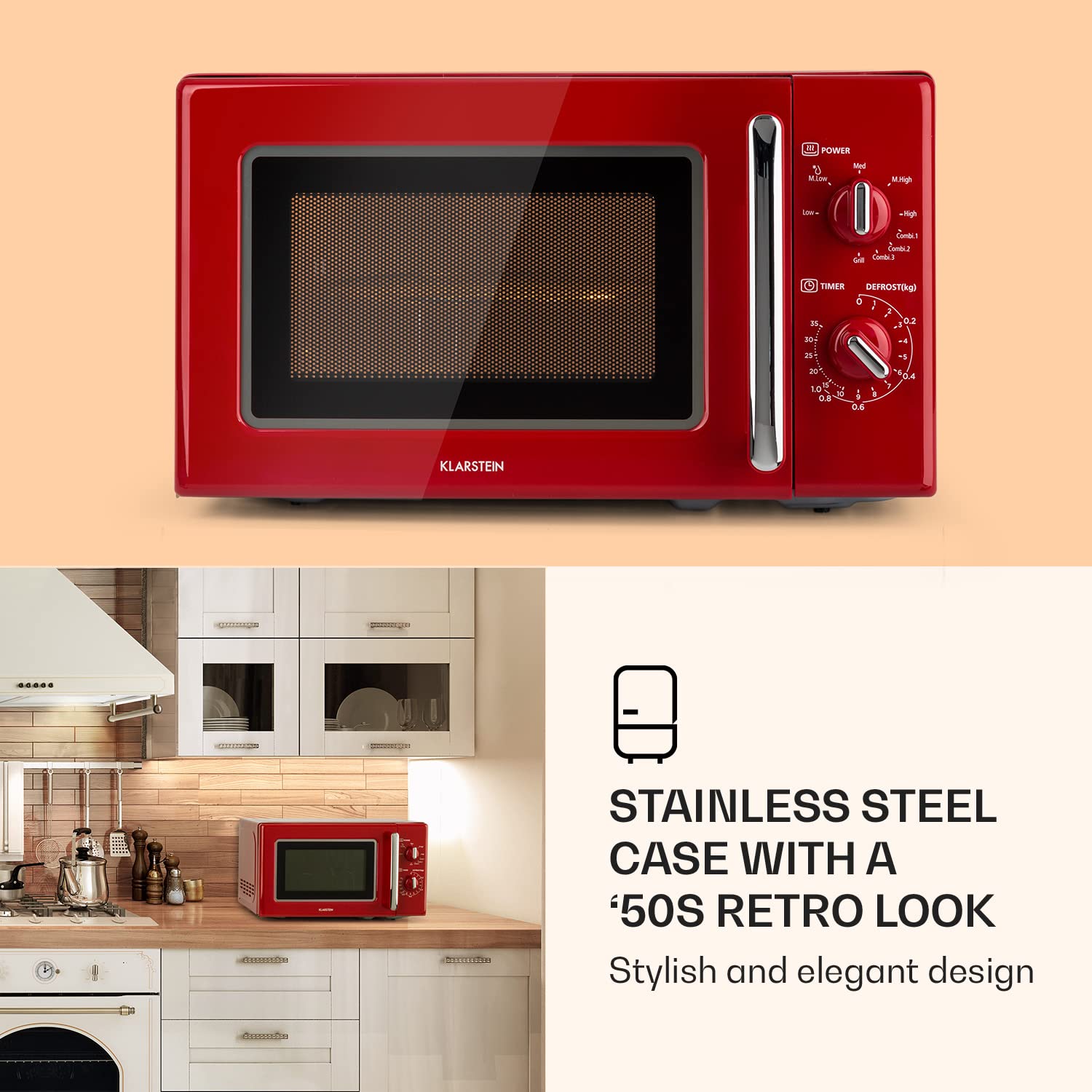 Klarstein Caroline - Freestanding Microwave Oven, 20L, 700/1000 W, Ø25.6 cm, 5 Power Levels, 3 Combined Functions, Stainless Steel Interior and Case, Retro Look, Red