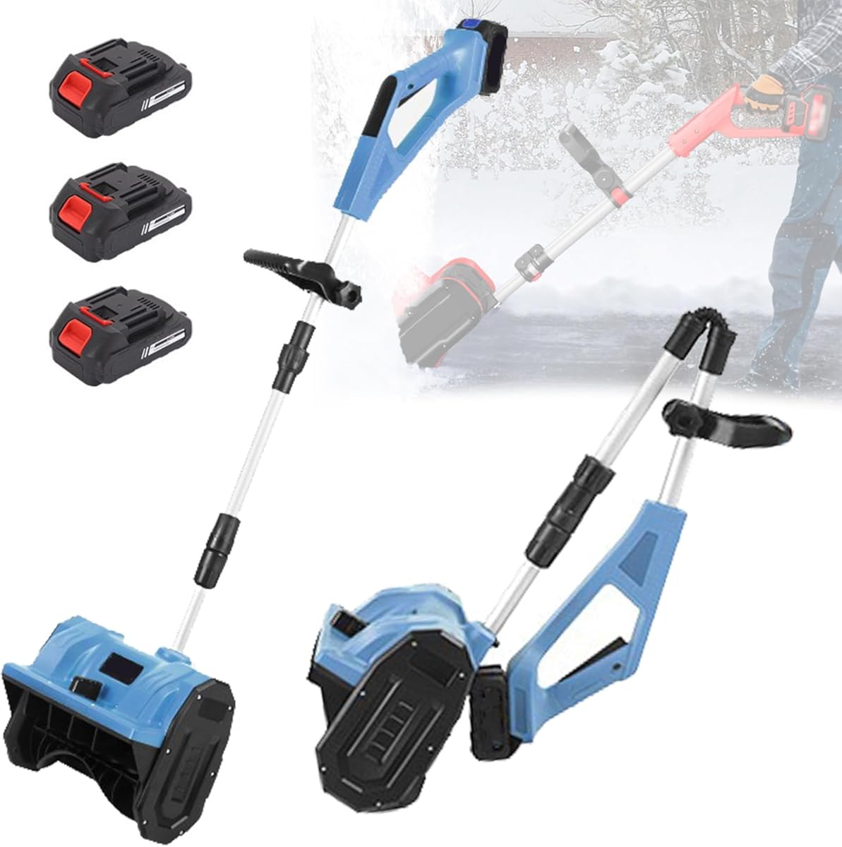 Wireless Brushless Snow Shovel, Electric Push Snow Sweeper, 32CM Width Snow Shovel, Small Household Snow Cleaning Tool,Road Snow Cleaning Tool - 3 Battery,Blue