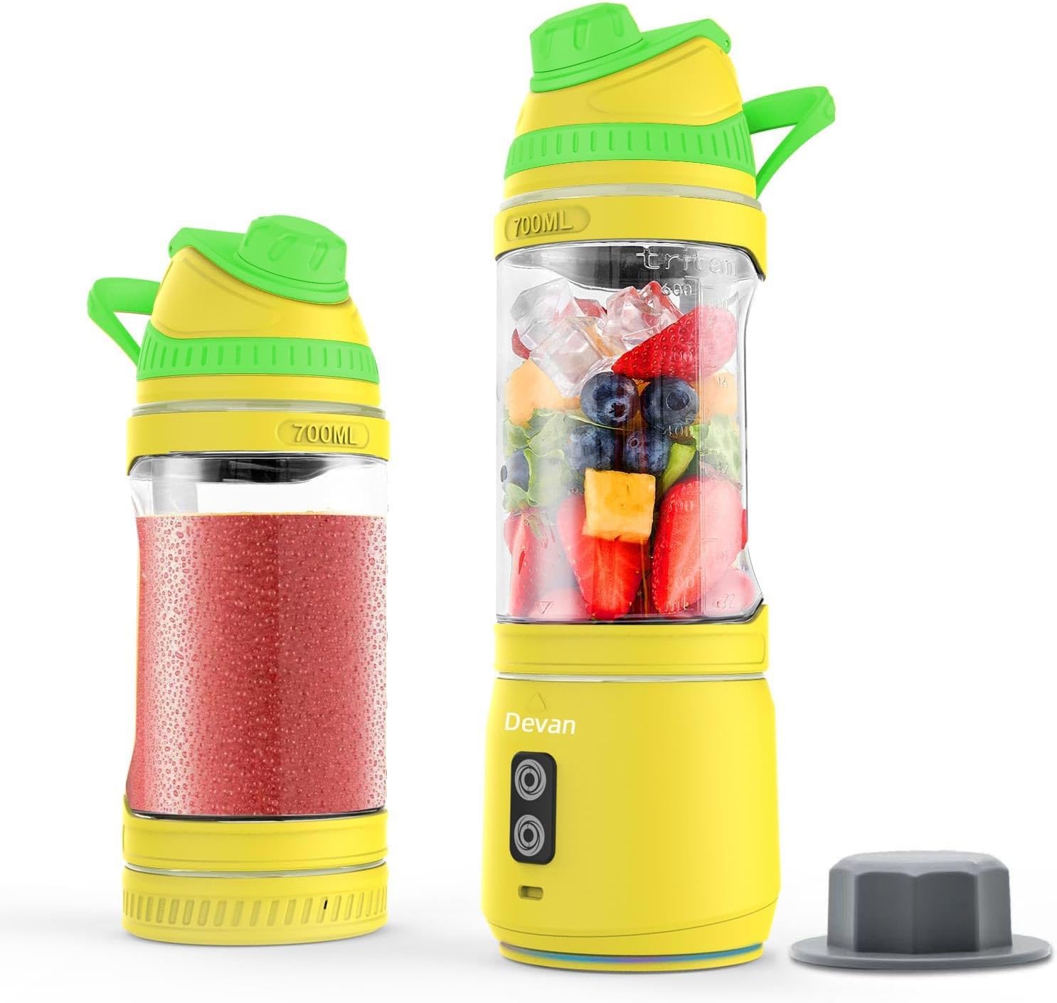 Portable Blender, Anti-Jamming 300 Watt for Shakes and Smoothies, 24oz Travel Blender USB Rechargeable, BPA Free Sporty bottle with a Travel Lid. (Black Base Grey Lid) (Yellow Base Green Lid)