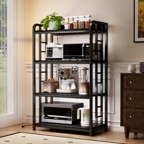 Adjustable 4-Tier Kitchen Baker's Rack, Microwave Oven Cart Stand, Heavy Duty Organizer Rack for Storage in Living Room, Garage, Home and Office, Black