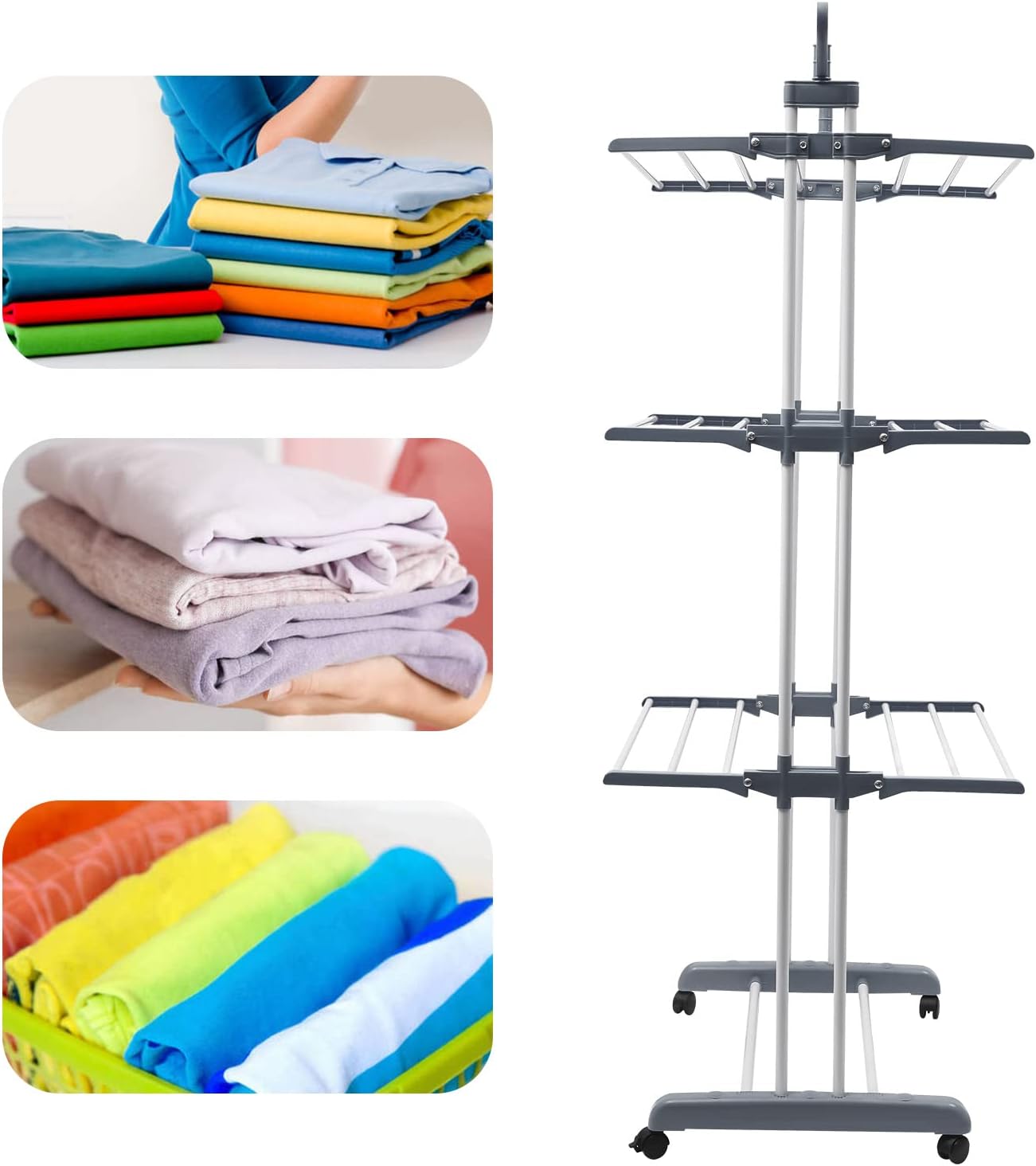 4-Tier Gray Foldable Clothes Drying Rack Rolling Dryer Hanger Stand Outdoor Washing Line Clothes Dryer Storage Rack Metal Laundry Garment Dryer Stand with 2 Side Wings, Bedroom Balcony Use (Gray)