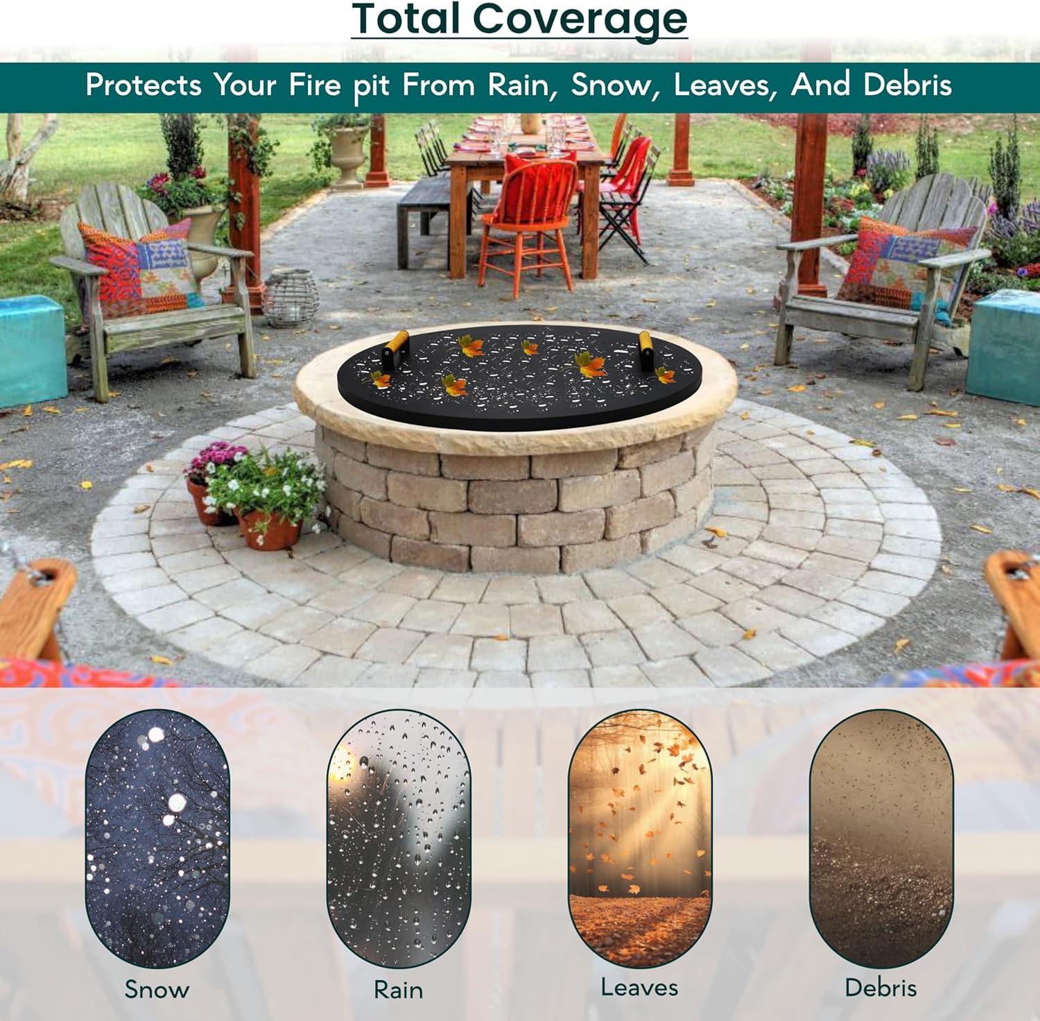 30” firepit lid round for inside up to 28” gas fire pit lid for Outdoor Fireplace Cover Lid Steel fire pit metal cover W/ 2 Wooden Handles & Heat Resistant Snuffer Lid for Round Patio Fire Pit Ring