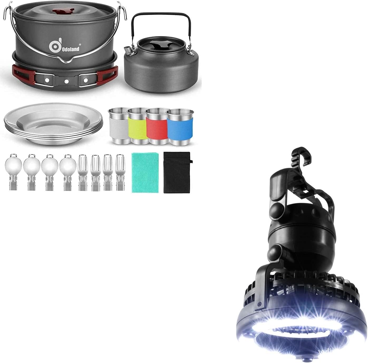 Odoland Bundle – 2 Items 22pcs Camping Cookware Mess Kit and Portable LED Camping Lantern with Ceiling Fan