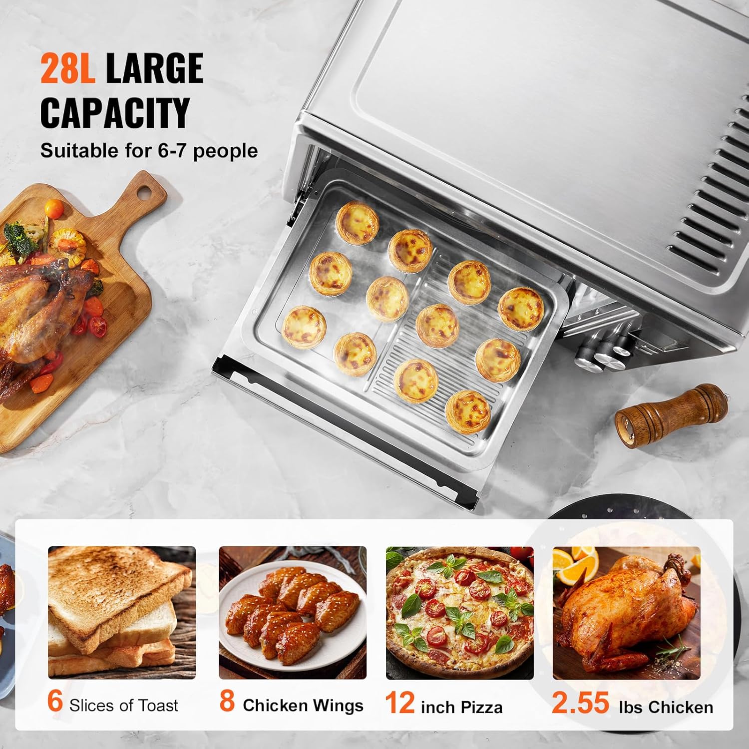 VEVOR Convection Toaster Oven, 28L/29.6Qt Large 10-IN-1 Multifunctional Convention Oven Countertop, 150F-450F Adjustable Compact Smart Oven with Trays Wire Racks Gloves, for Home Kitchen RVs etc