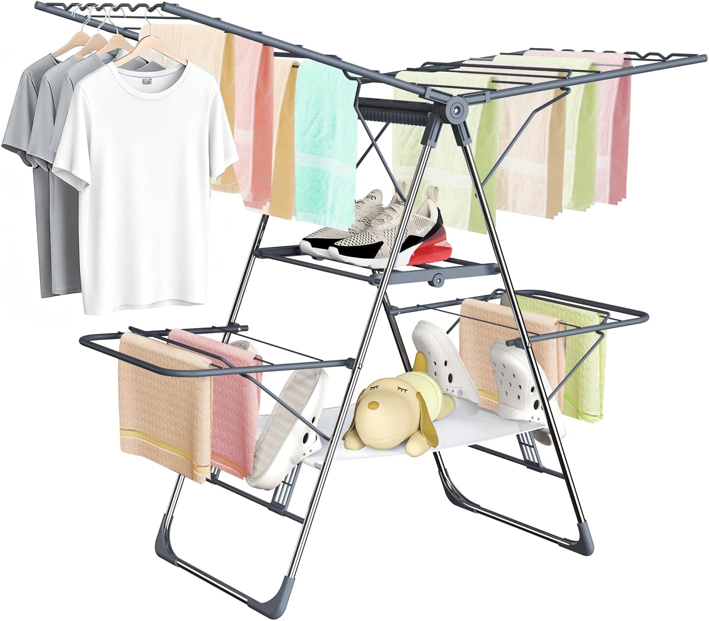 Clothes Drying Rack, Foldable 2-Level Laundry Drying Rack for Clothes,Stainless Steel Drying Rack Clothing Collapsible for Indoor Outdoor,with Height-Adjustable Wings
