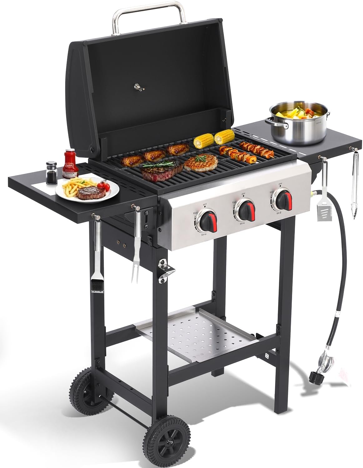 Propane Gas Grill with Folding Side Tables, 3-Burner Gas Grill with Cast Iron Grates and Stainless Steel Griddle Pan, Outdoor BBQ Grill Portable with Wheels 30000 BTU Output