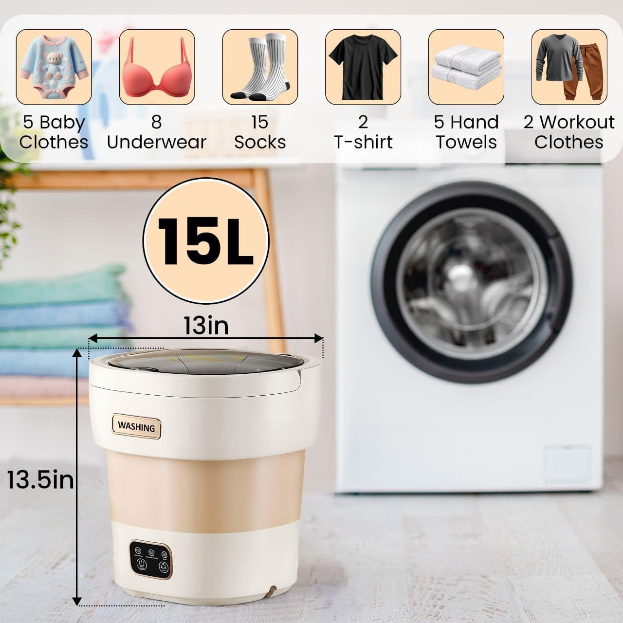 portable washing machine15L with Spin Basket – Small Washer portable for Underwear, Delicate Clothes, and Light Laundry – Ideal for Apartments, Dorms, Hotels, and Camping.