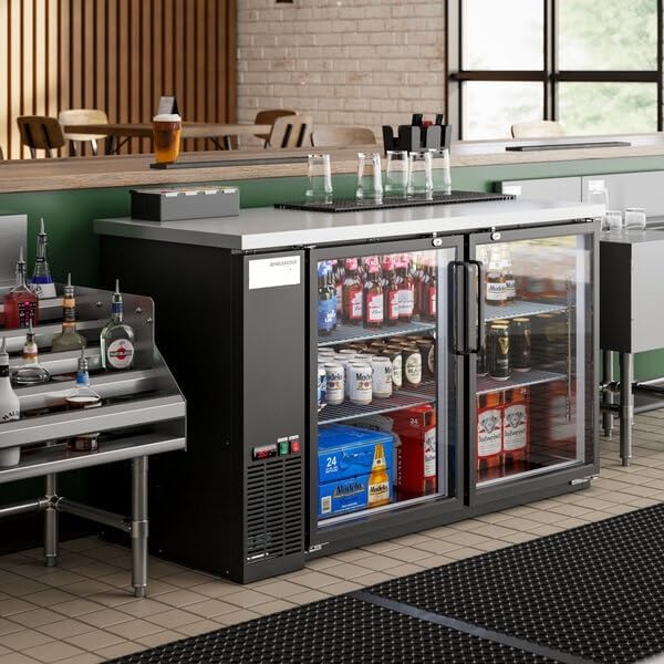 UBB-2G-HC 59-Inch Black Commercial Back Bar Refrigerator, Glass Door, LED Lighting, Counter Height, Stainless Steel Top, 2-Door Beverage Cooler