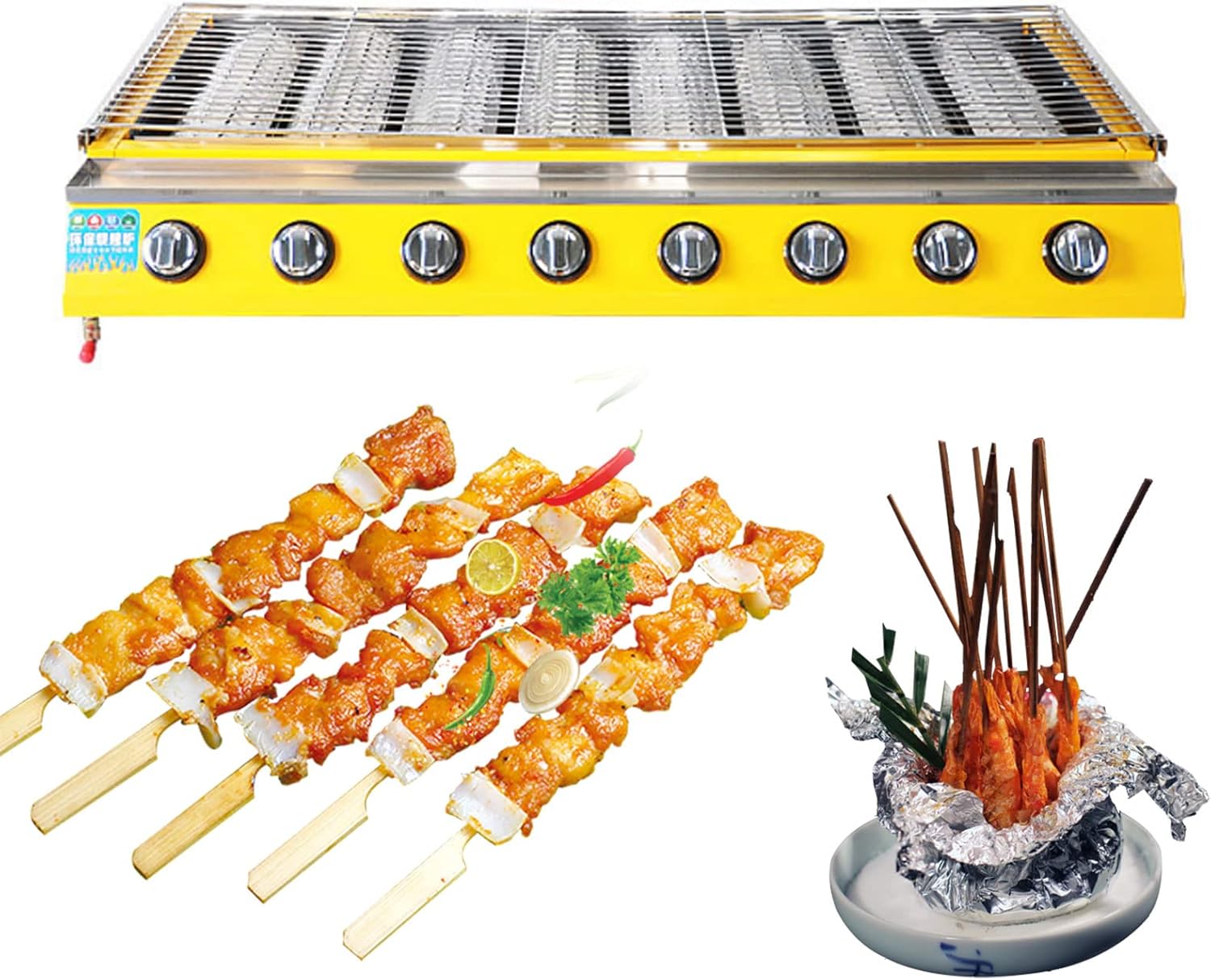 8 Stainless Steel Burner Tabletop Commercial Gas BBQ, Portable Two-Burner BBQ Table Top Grill, Grease Tray, Robust, Ideal for Kitchen, Camping,Outdoor,Tailgating,Picnics,Tabletop,Yellow,103x55x20cm