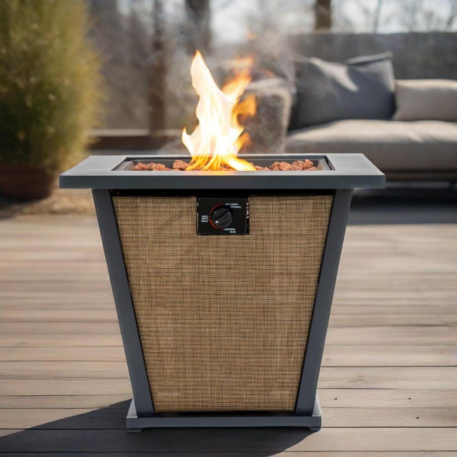 28 Inches Square Propane Fire Pit Table, 50,000 Btu Outdoor Steel Firepit for Patio, Deck, Courtyard Durable Brown Black Finish, Weather (Black + Brown) (1 Doors)