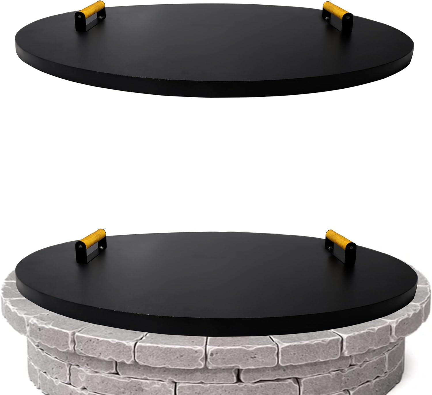 28” firepit lid round for inside up to 26” gas fire pit lid for Outdoor Fireplace Cover - Steel fire pit metal cover W/ 2 Wooden Handles & Powder Coated Snuffer Lid for Round Patio FirePit Ring