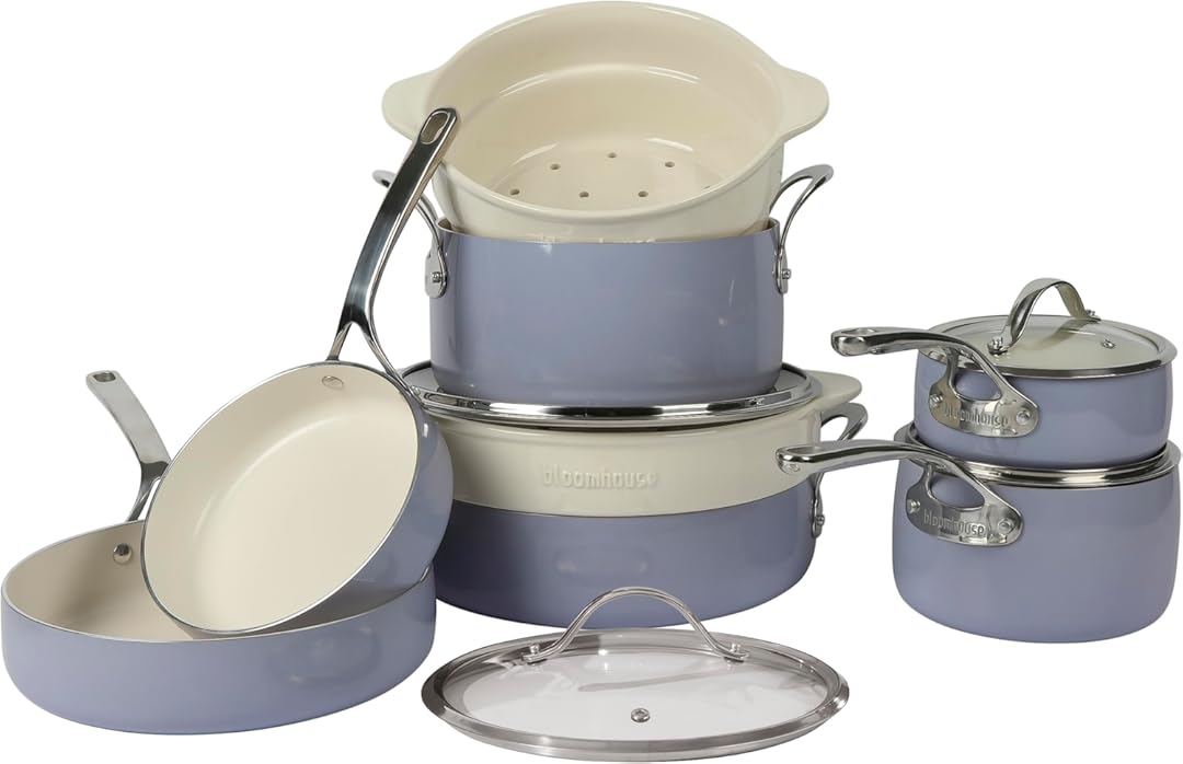 Bloomhouse 12 Piece Aluminum Pots and Pans Cookware Set w/Non-toxic Ceramic Non-stick, Ceramic Steamer Insert, & 12 Protective Care Bags - Periwinkle Blue