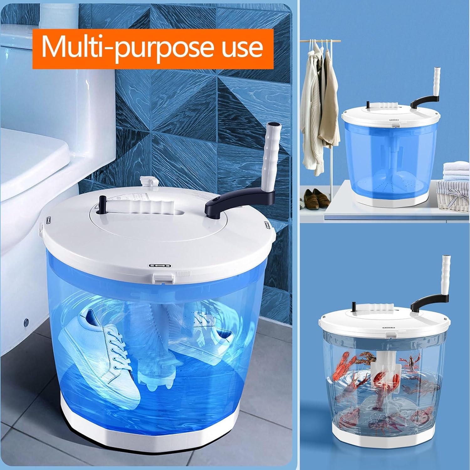 Portable Hand-cranked Manual Clothes Non-electric Washing Machine with Rotating Rocker, Mini Manual Portable Washing Dryer Machine, for Camping Apartments RV(Blue)