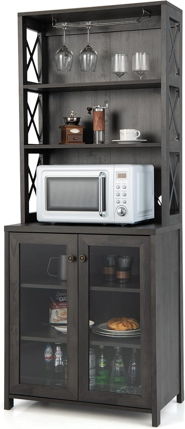 LOKO Kitchen Pantry Storage Cabinet, Farmhouse Buffet Hutch with Stemware Rack, Microwave Countertop & Tempered Glass Doors, 67.5