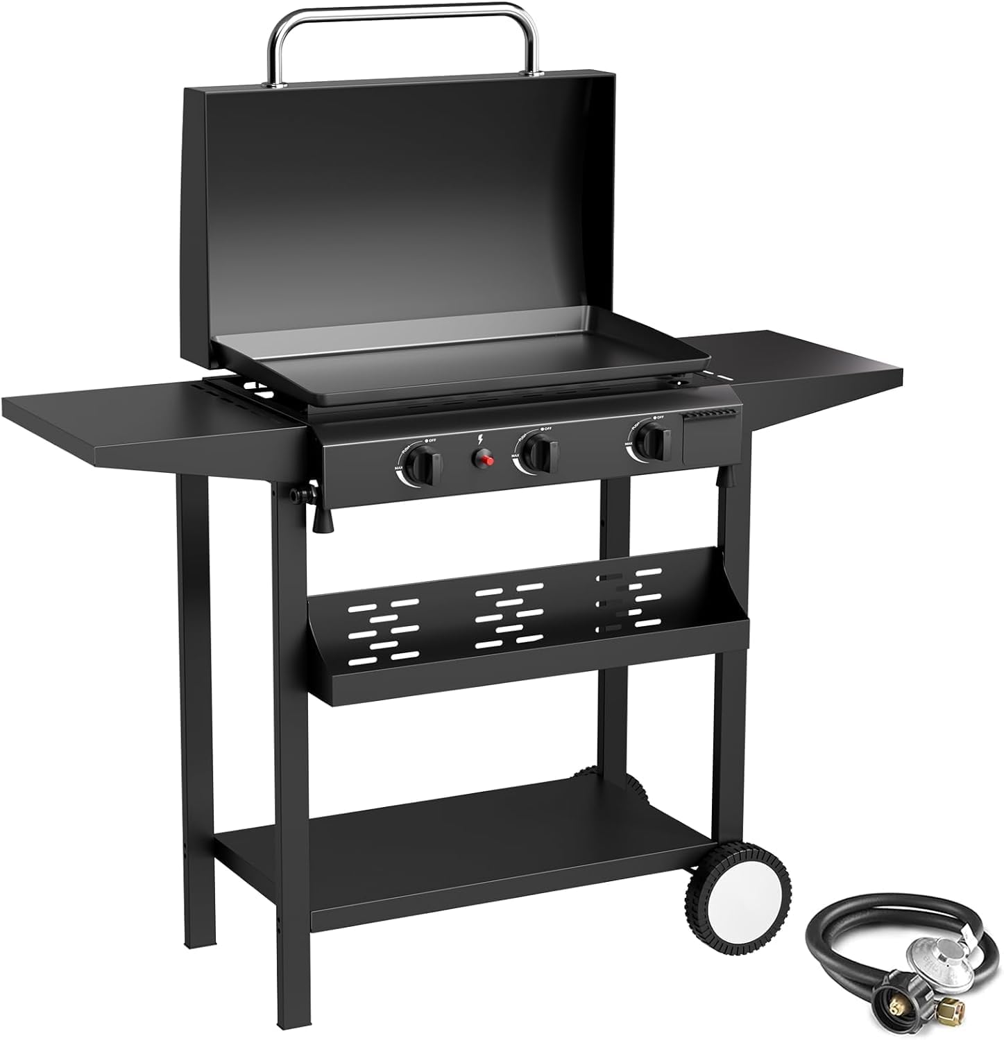3 Burner BBQ Gas Griddle with Hood, 25.6 Inch Stainless Steel Portable Detachable Propane Griddle, 45,000 BTU Flat Top Grill with Side Shelves for Camping Tailgating, Black
