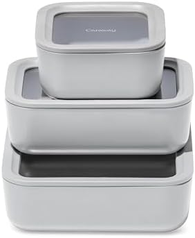 Caraway 3pc Glass Food Storage Set - 10, 6.6, & 4.4 Cup Containers - Ceramic Coated - Non-Toxic Non-Stick Lunch Box With Glass Lids - Dishwasher, Oven, & Microwave Safe - Gray
