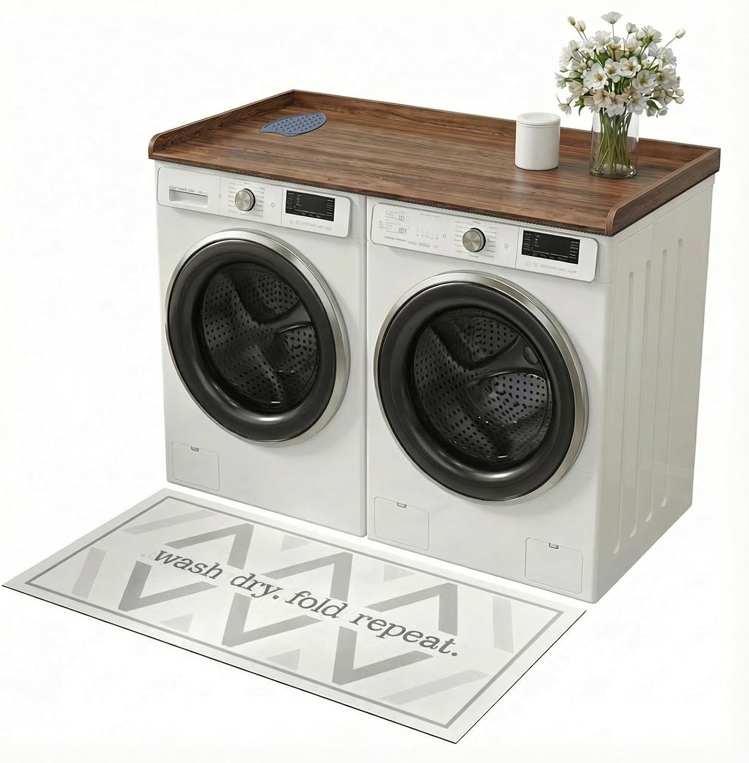 Premium Washer Dryer Countertop with Anti-Slip Pad, 54inch Laundry Room Organization Set, Stackable Storage Solution with Silicone Ironing Mat, Diatomite Mat(Brown)