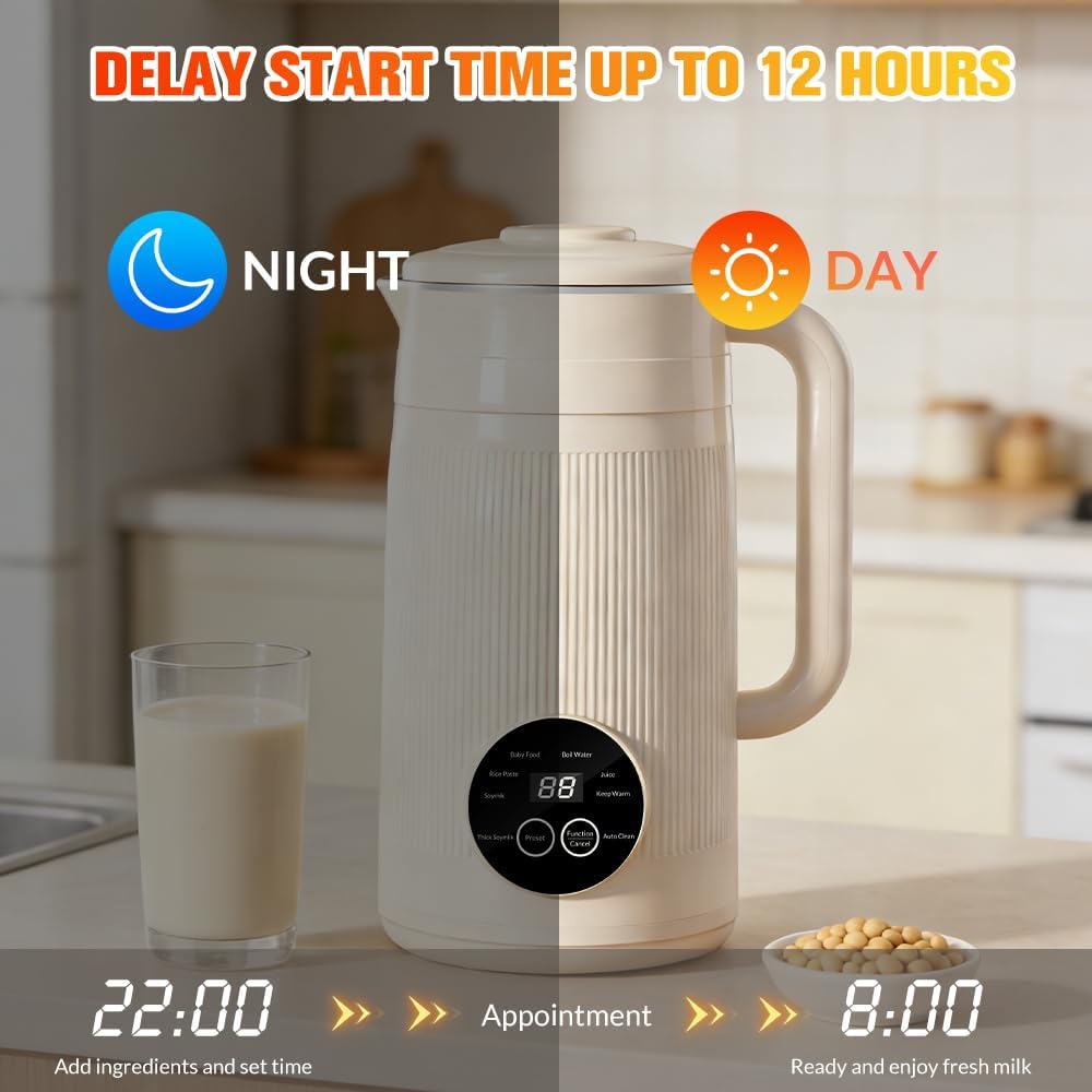 8 in 1 Nut Milk Maker Machine, 50oz Automatic Soy Milk Maker Blender for Homemade Soy, Almond, Oat, Coconut, Plant Based Milks, Milkshake, and Juice with 12H Delay Start/6H Keep Warm/Auto Clean, White