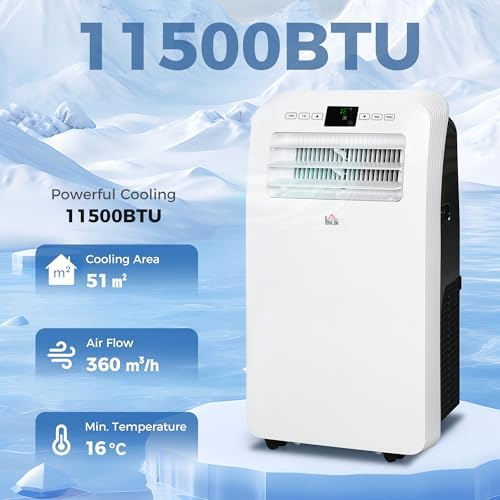 HOMCOM 11500 BTU Portable Air Conditioner with Dehumidifier & Cooling Fan, for Rooms Up To 550 Sq. Ft., Portable AC Unit with Remote Control & Window Kit, 24 Hour Timer, White