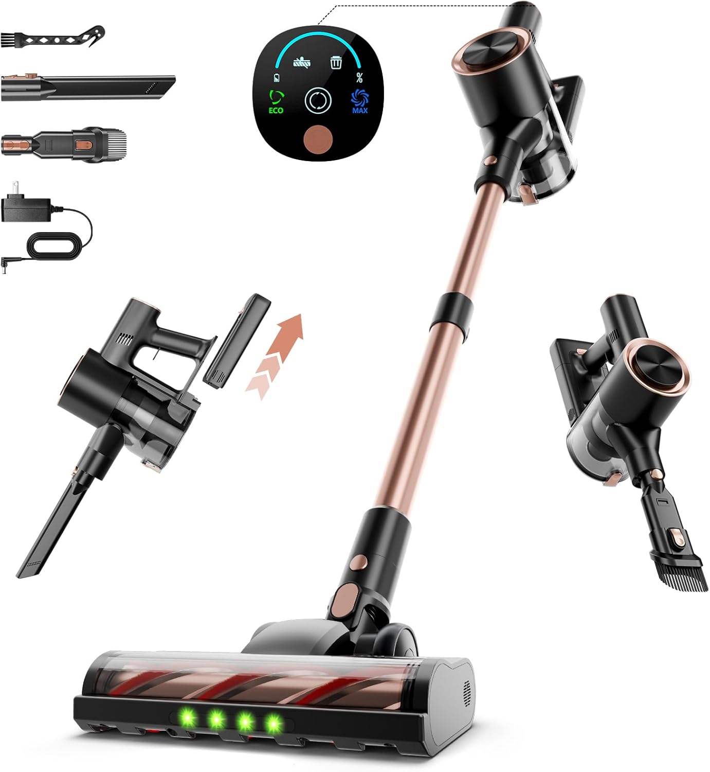 KIKETECH Cordless Vacuum Cleaner with Self-Standing, Lightweight Powerful Suction Vacuum,LED Screen Stick Vacuum Cleaners for Home, for Pet Hair, Carpets, Hardwood Floors (Gold)