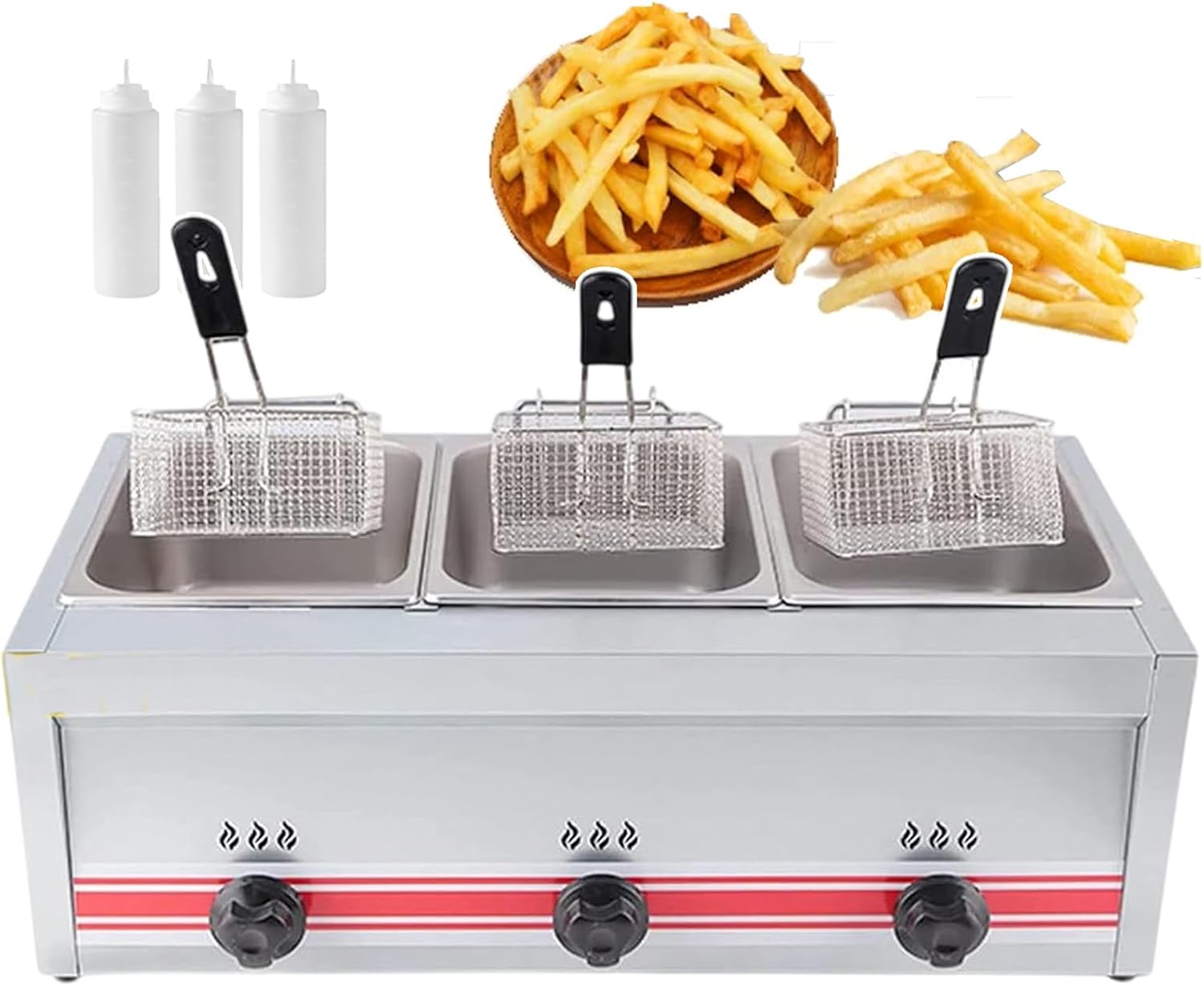 Triplecylinder Kitchen Gas Fryer for Commercial, Stainless Steel Removable Oil Deep Fryer Basket Freestanding Temperature Control Oil Fryer, Kitchen Outdoor Use,