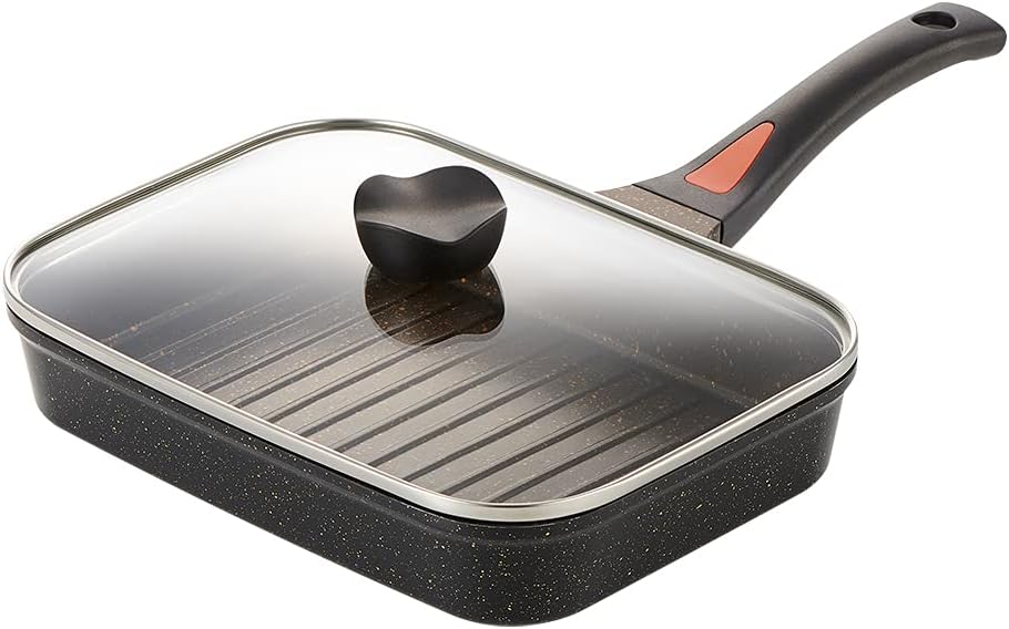 Aimedia Fish Pan, Grill Pan, Fish Grill, Marble Coat, Induction Compatible, Direct Fire Compatible, Glass Lid, Grilled Fish Frying Pan, Burn-Resistant, Gold Marble