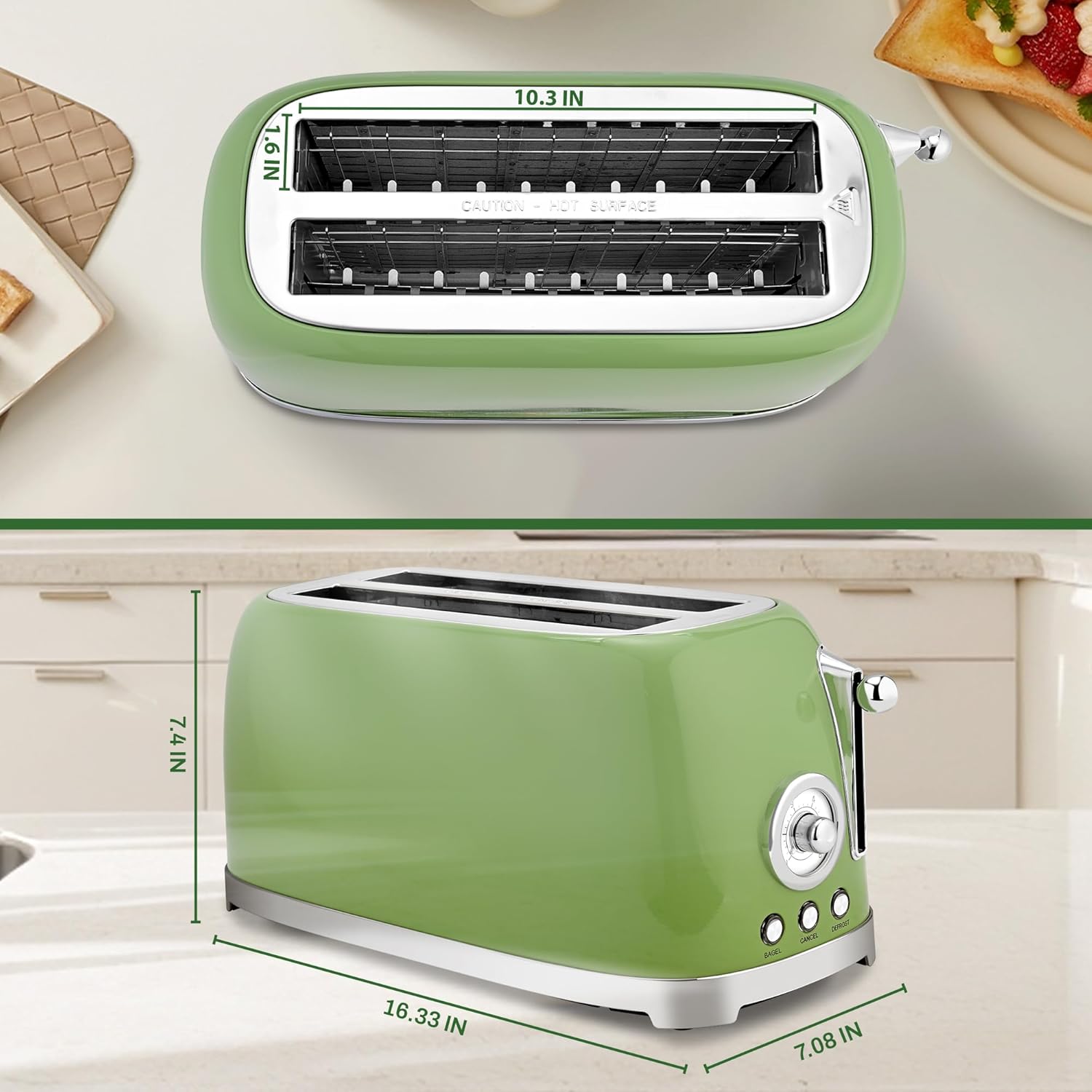 SUSTEAS Toaster 4 Slice Wide Slot, Stainless Steel Bread Bagel Toasters, Retro Long Slot Tostadora for Defrost, Reheat, Removable Crumb Tray, 1500W, 6 Browning Settings, Green