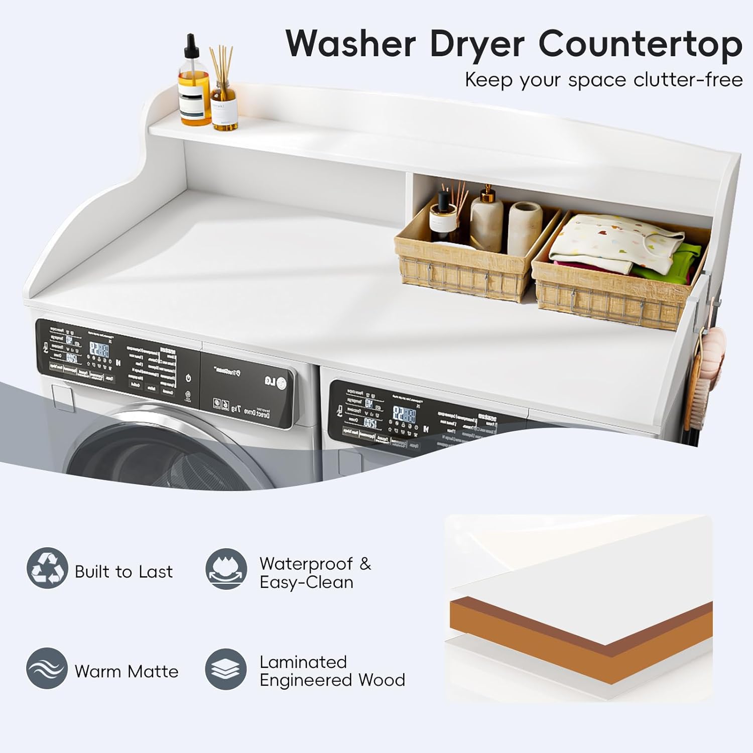 2-Tier Washer Dryer Countertop, Laundry Countertop with Edge Rails, Universal Fit 54