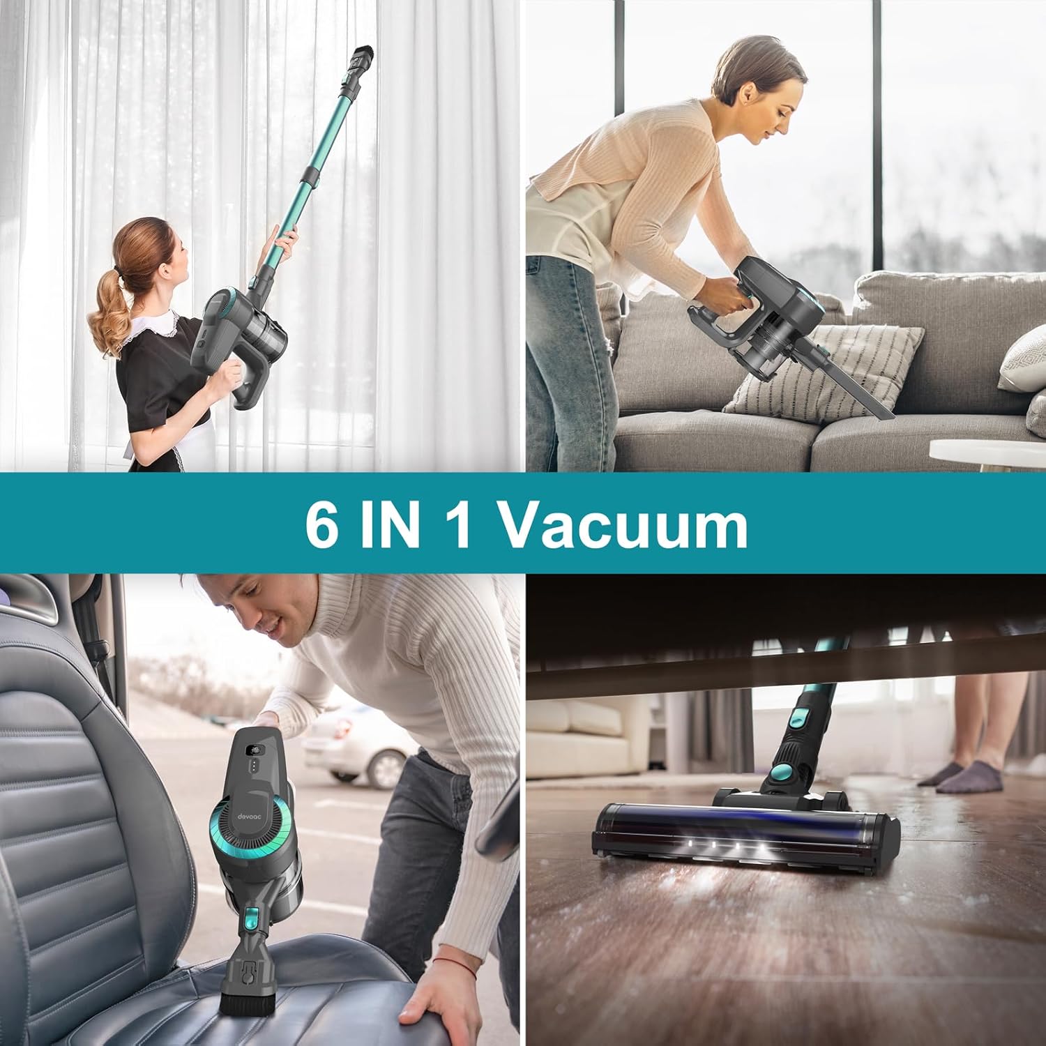 DEVOAC N300 Cordless Vacuum Cleaner, 6 in 1 Lightweight Stick Vacuum, 2200mAh Battery Up to 40mins Runtime, Powerful Handheld Vacuum for Hard Floor Rug Pet Hair Home Dorm (Waterfall)