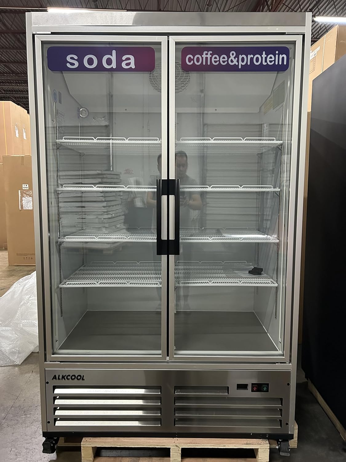 Commercial Beverage Refrigerator Display Fridge,stainless Steel Two Glass Door Drink Cooler with LED Light Adjustable Shelves,ETL Sanitation,45 Cu Ft,47