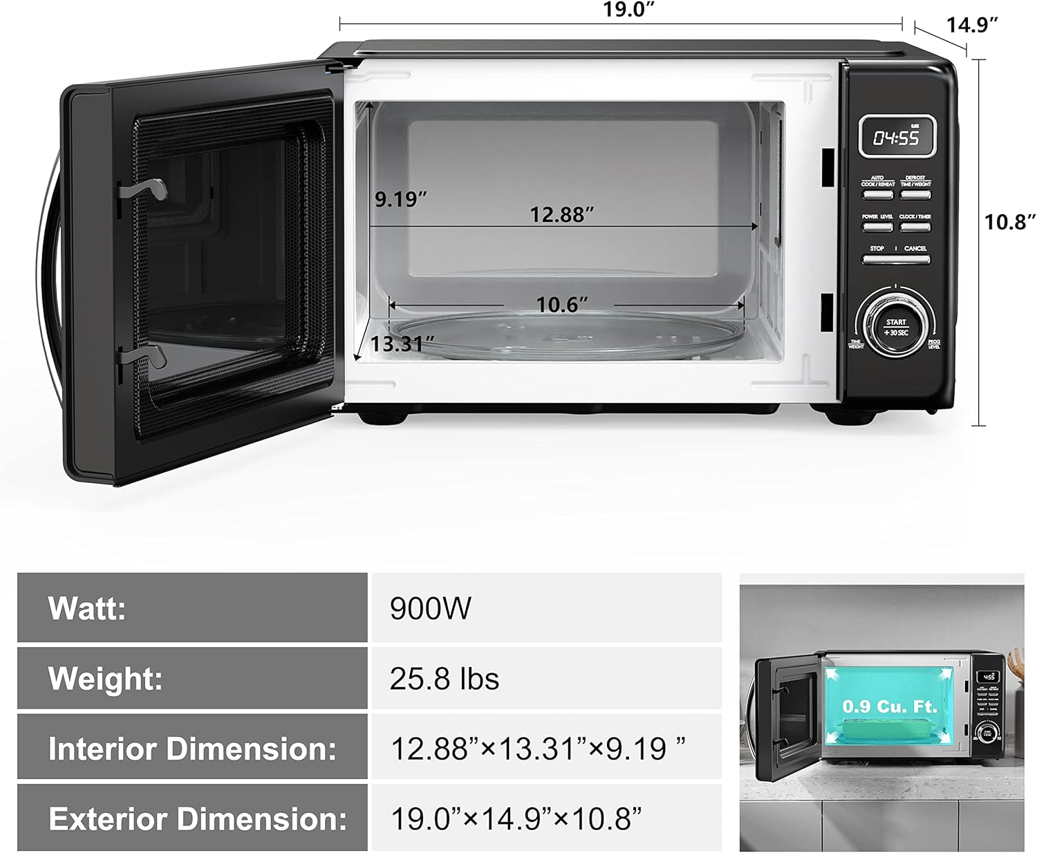 Galanz GLCMKZ09BKR09 Retro Countertop Microwave Oven with Auto Cook & Reheat, Defrost, Quick Start Functions, Easy Clean with Glass Turntable, Pull Handle, 0.9 cu ft, Black