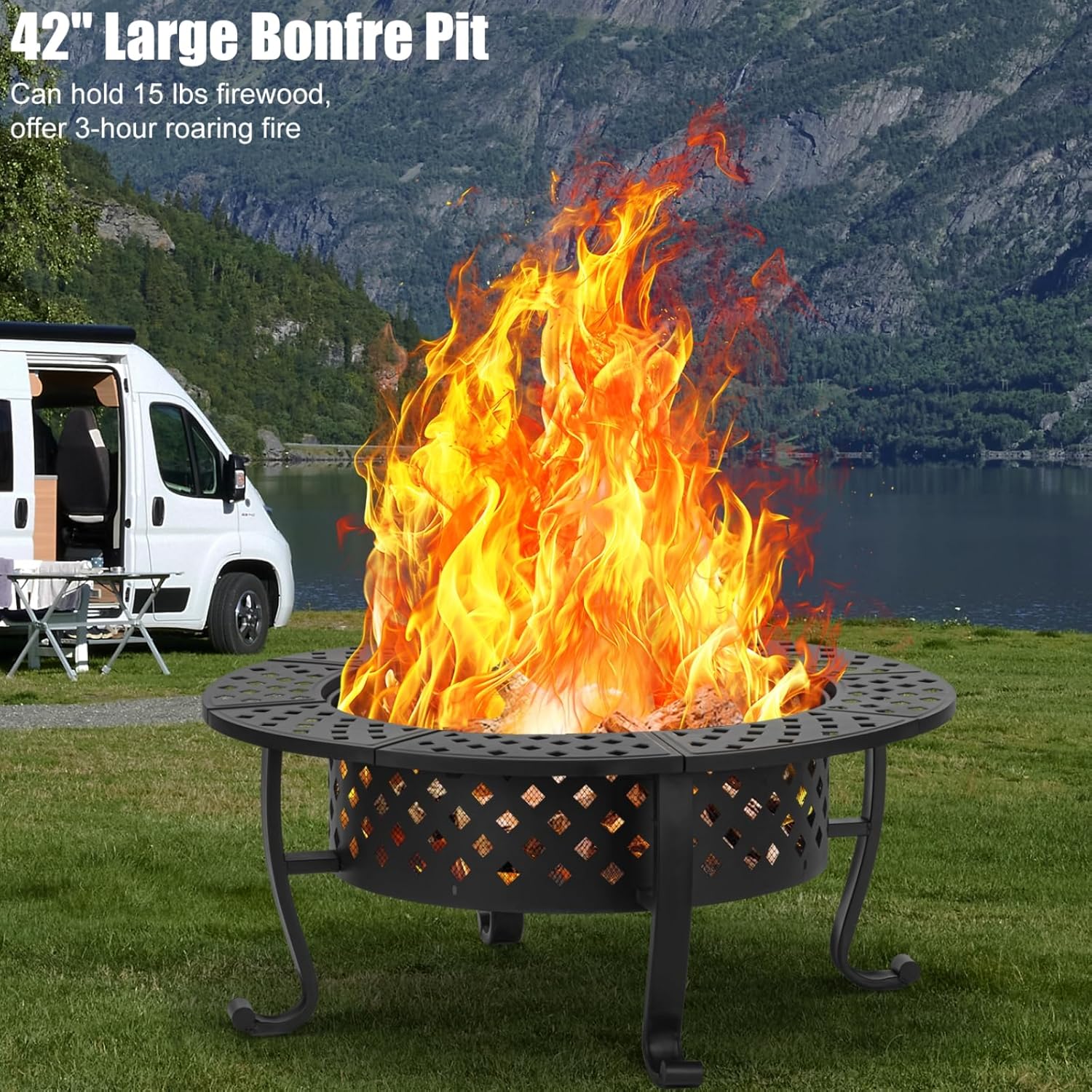 42 Inch Fire Pit with 2 BBQ Grills, Wood Burning Fire Pits for Outside with Lid & Fire Poker, BBQ& Outdoor Firepit & Round Metal Table 3 in 1 for Patio, Picnic, Party