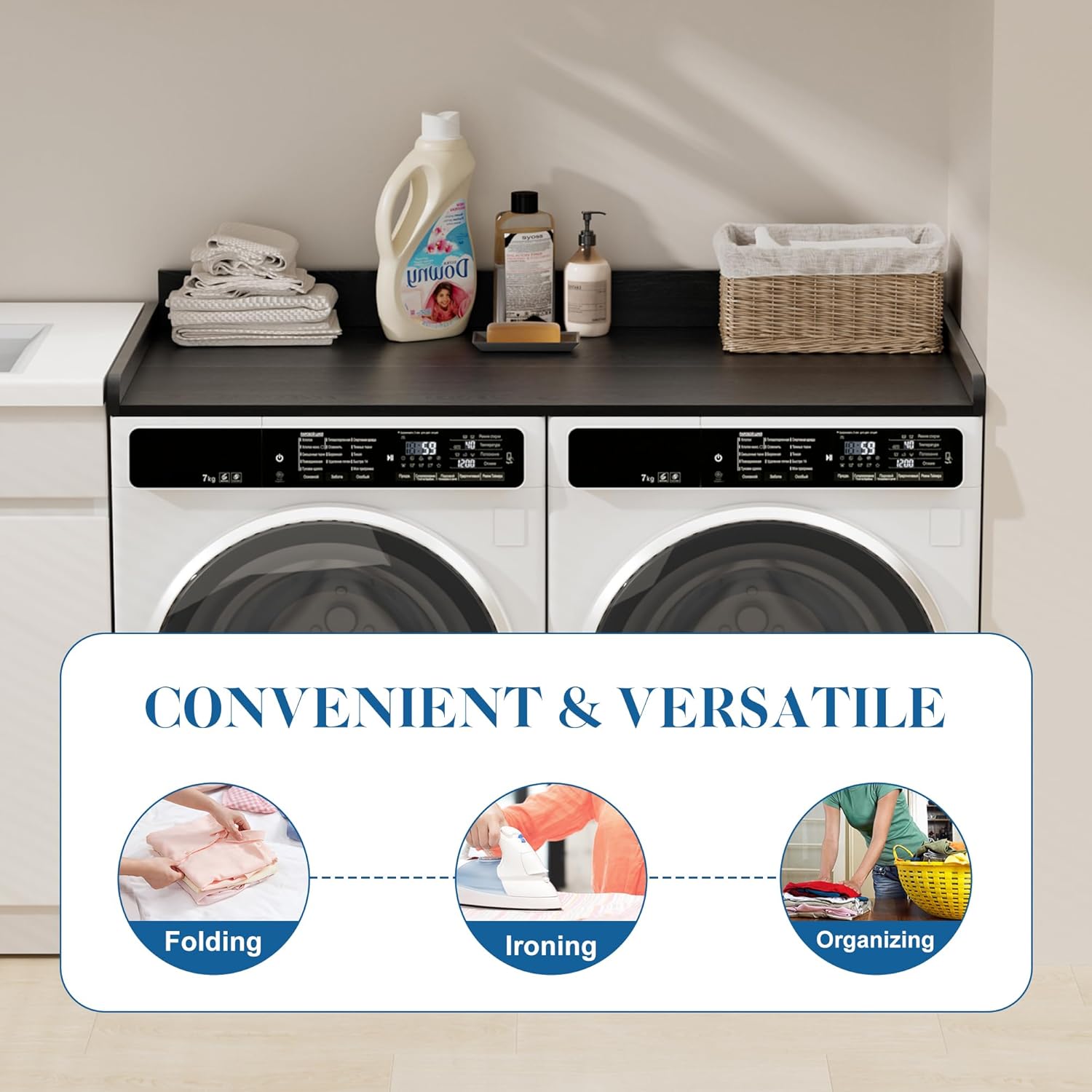 Washer Dryer Countertop, Laundry Countertop Over Wooden Washer and Dryer for The Top with Non-Slip Pads, Laundry Hamper Counter Storage Organization 54