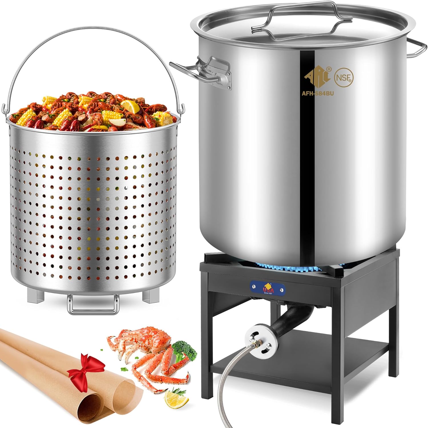 ARC 84QT Stainless Steel Seafood Boil Pot with 200,000BTU Propane Fryer, Non-Assembly Large Crawfish Boiler, Shrimp Boil Pot, Outdoors Cooking and Steaming