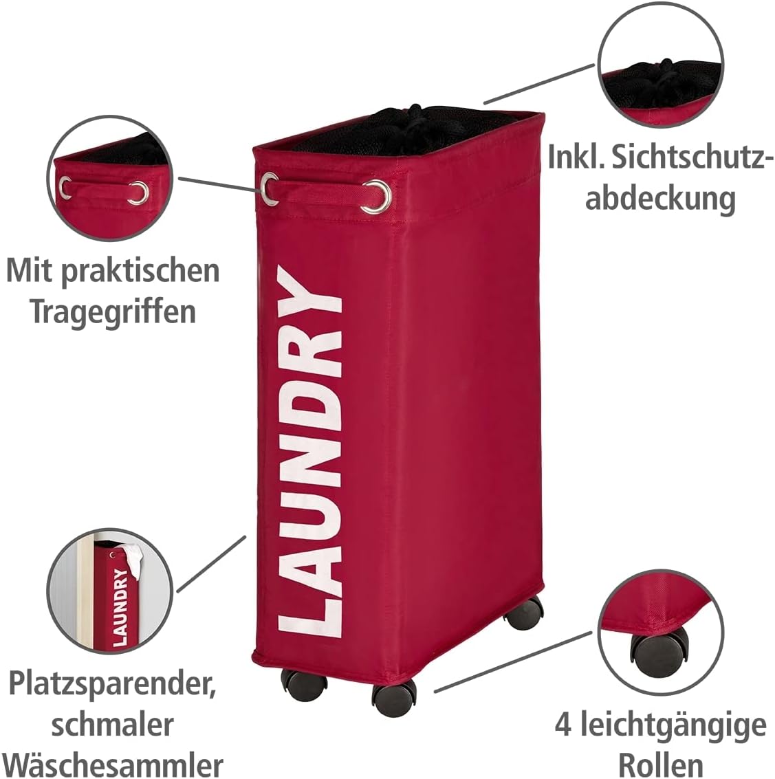 Red Laundry Basket Corno - thin Laundry Hamper with wheels - small space laundry bin - narrow hamper, laundry collector, laundry basket with wheels