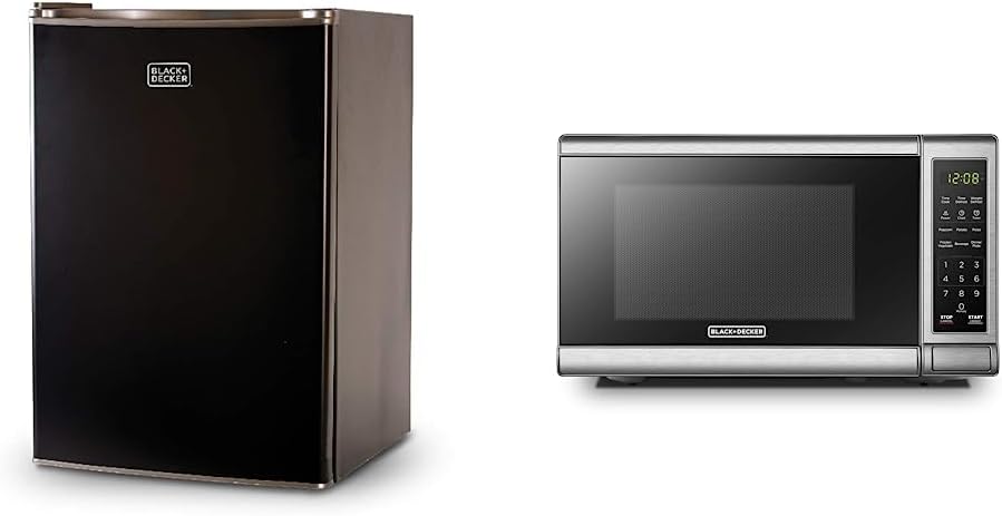 BLACK+DECKER BCRK25B Compact Refrigerator Energy Star Single Door Mini Fridge with Freezer, 2.5 Cubic Feet, Black & EM720CB7 Digital Microwave Oven with Turntable Push-Button Door