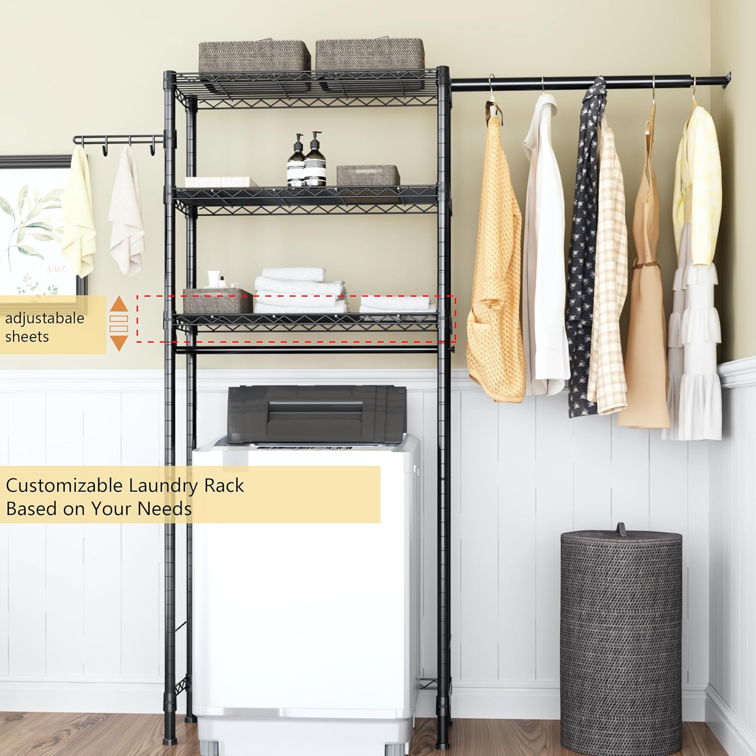 Over Washer and Dryer Shelves,3 Tier Adjustable Wire Shelving Laundry Room Storage Organization Clothes Drying Rack with Mounted on the Wall Expandable Hanger Rods&Hook,55