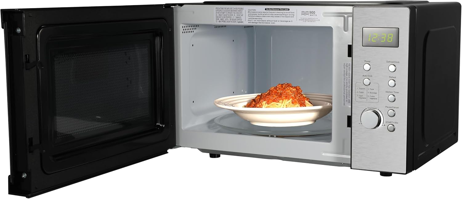 Emerson MW9005SS Compact Countertop Microwave Oven with Push Button Control, LED Display, 900W, 5 Power Levels, 6 Auto Menus, Glass Turntable and Child Safe Lock, 0.9 Cu. Ft., Stainless Steel