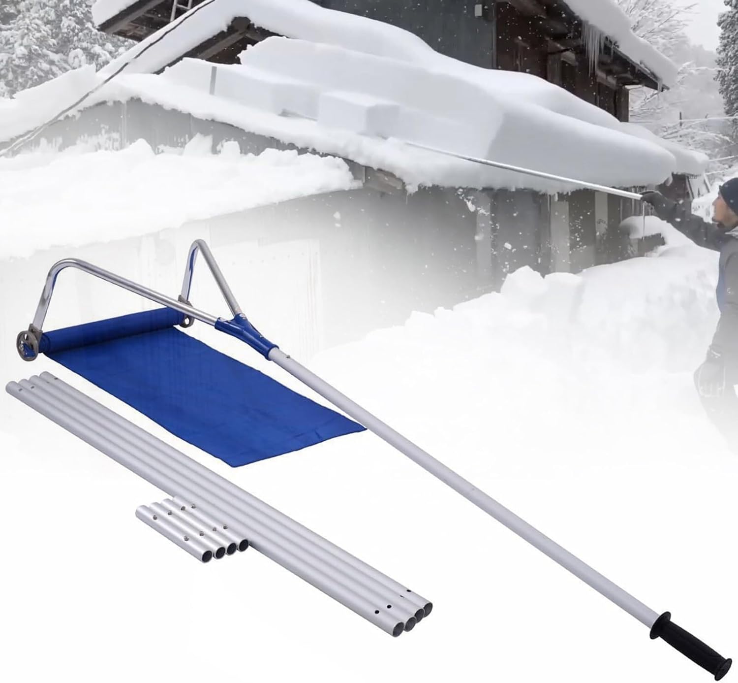Snow Roof Rake, Snow Removal Tool with Wheels and Adjustable Extended Handle for Cedar Shake Roof, Metal, Tile Roof, Long or Low-Pitched Roofs, Safe and Labor-Saving